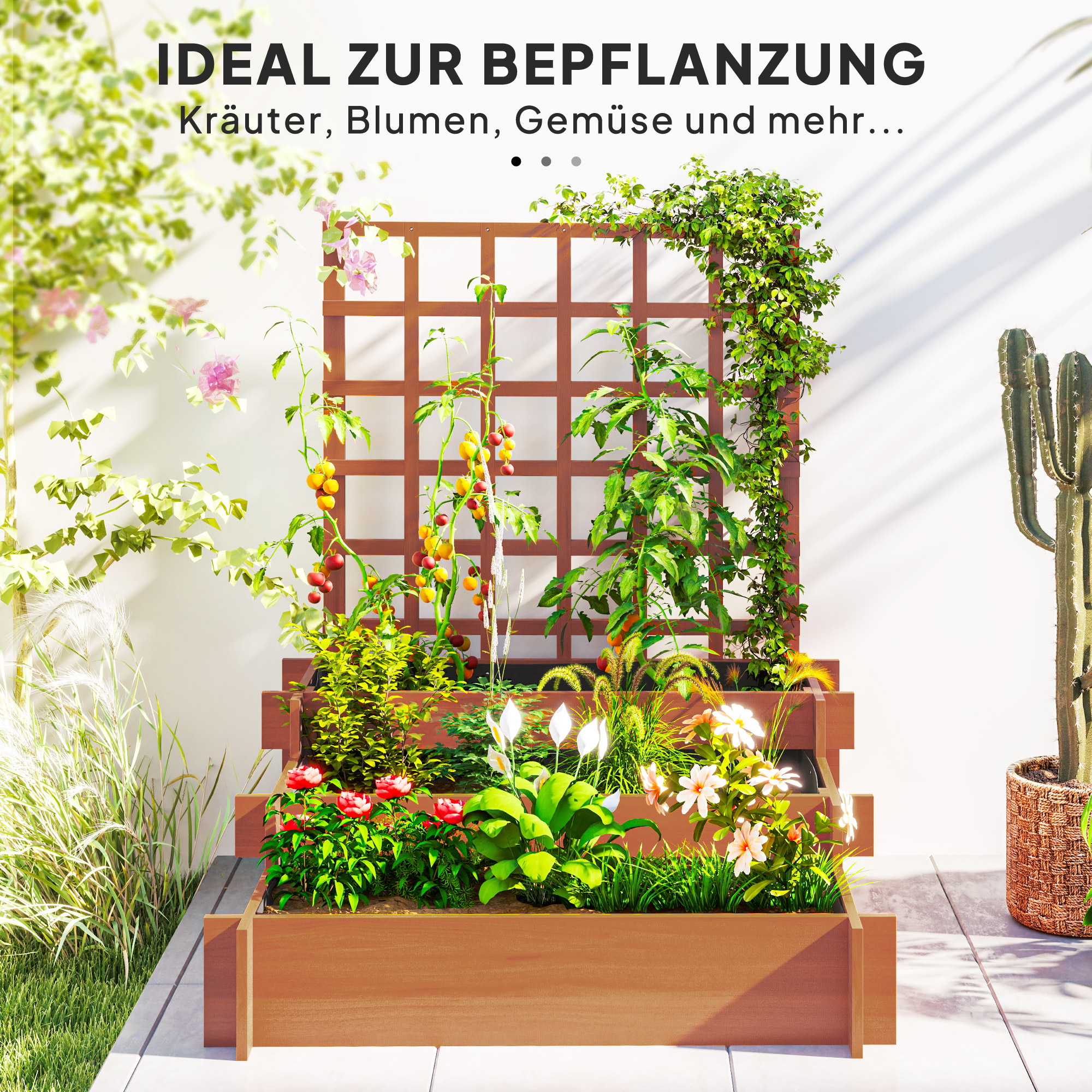 Hochbeet mit Rankhilfe, 3-stufig Blumenkasten mit Vliesstoff Tannenholz, Braun, 95 x 95 x 110 cm