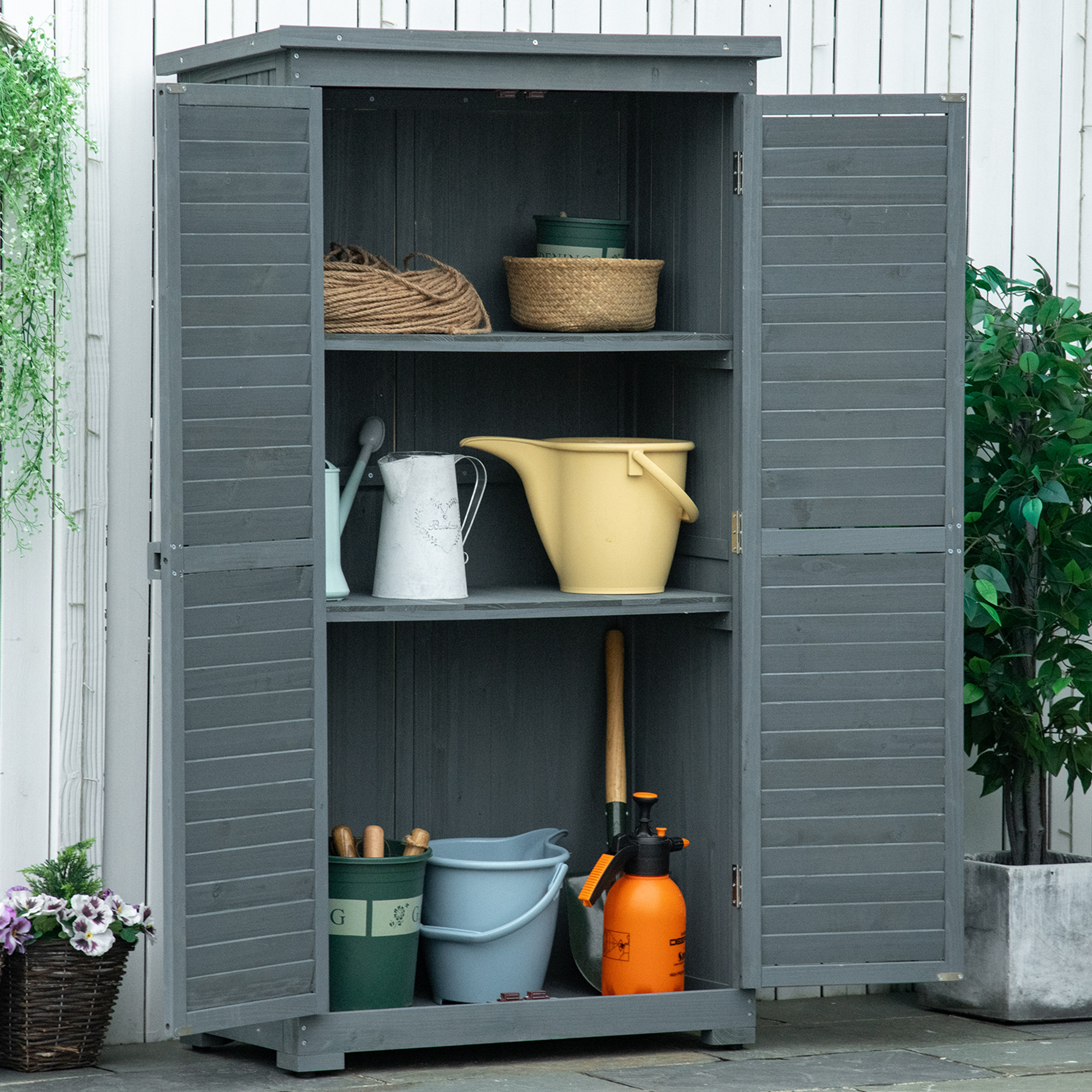 Gartenschrank Holz Gerätehaus Geräteschuppen Geräteschrank Holzhütte Pultdach Bitumenpappe Lamellentüren Grau 87 x 46,5 x 160 cm
