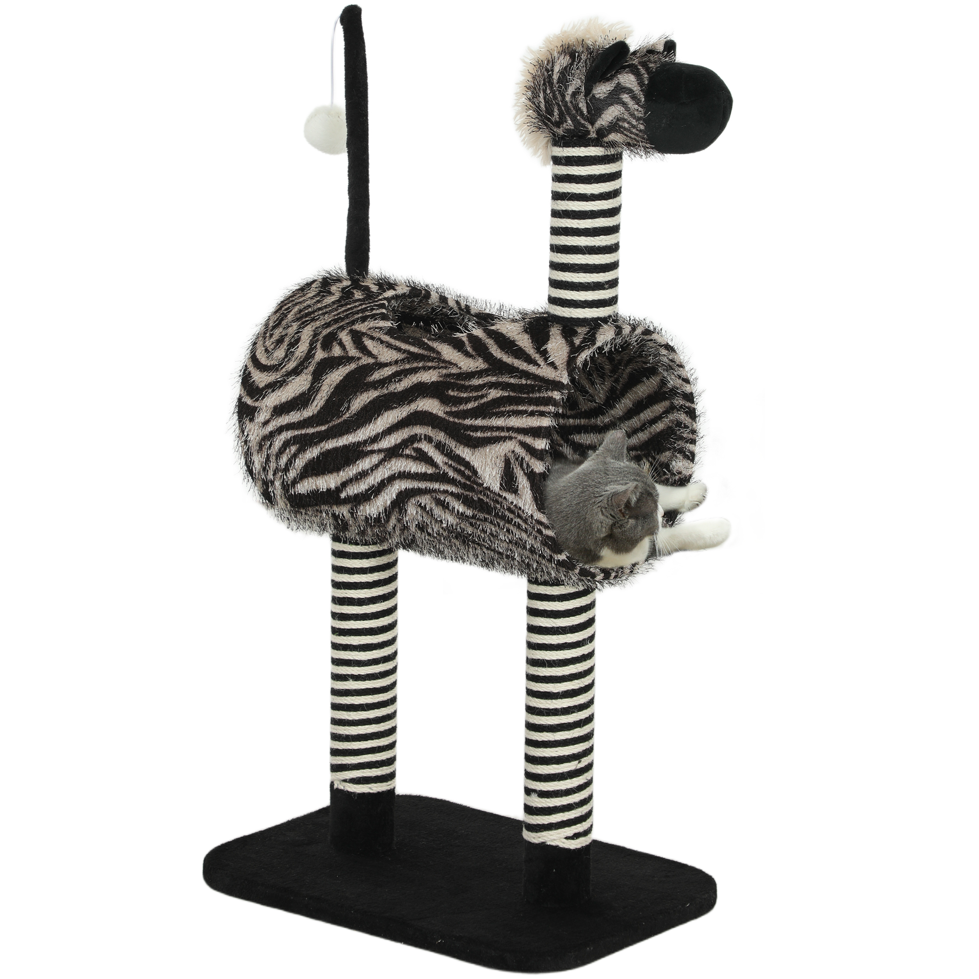 Kratzbaum im Zebra-Design, 1 Katzentunnel, 3 Kratzstämme 48,5 cm x 35 cm x 93 cm, Schwarz + Weiß