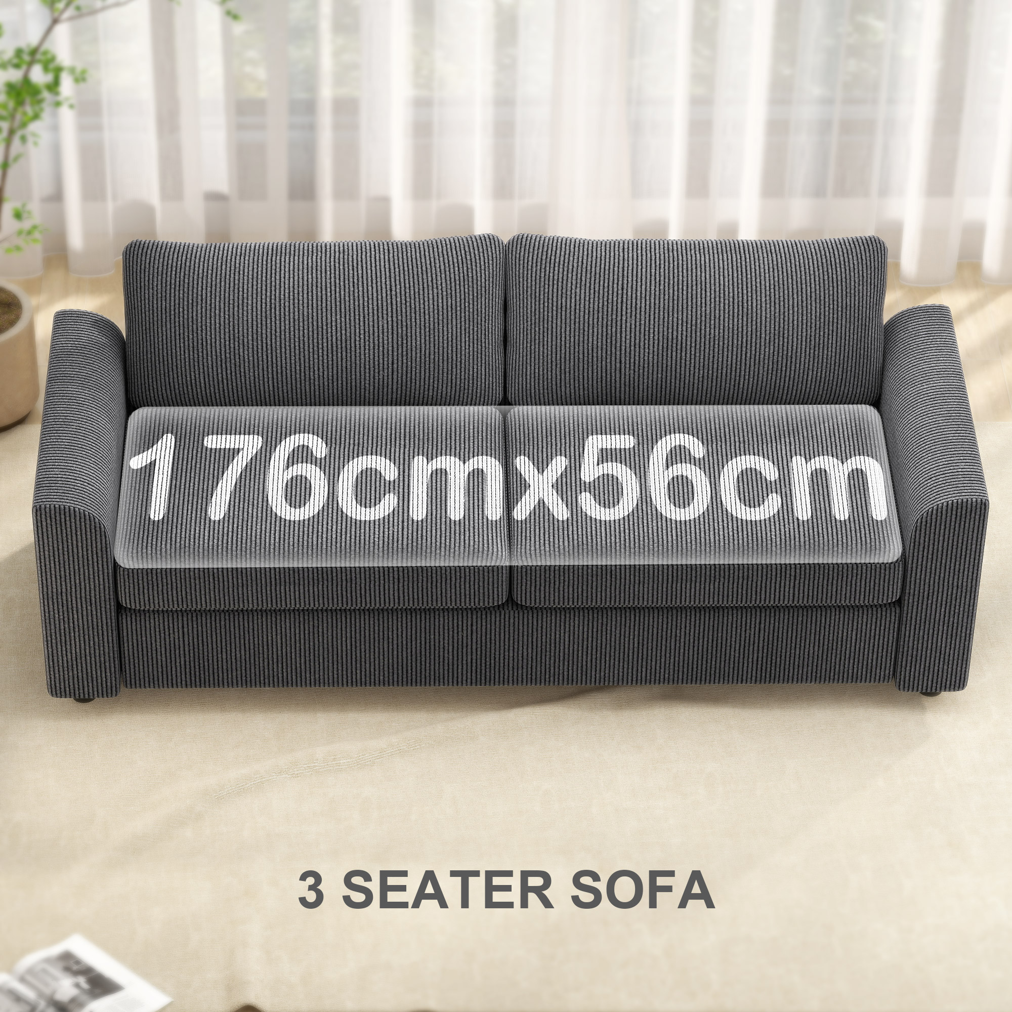 3-Sitzer-Sofa mit Zierkissen, Cordsofa für Wohnzimmer, Schlafzimmer, 212 cm breit, Dunkelgrau