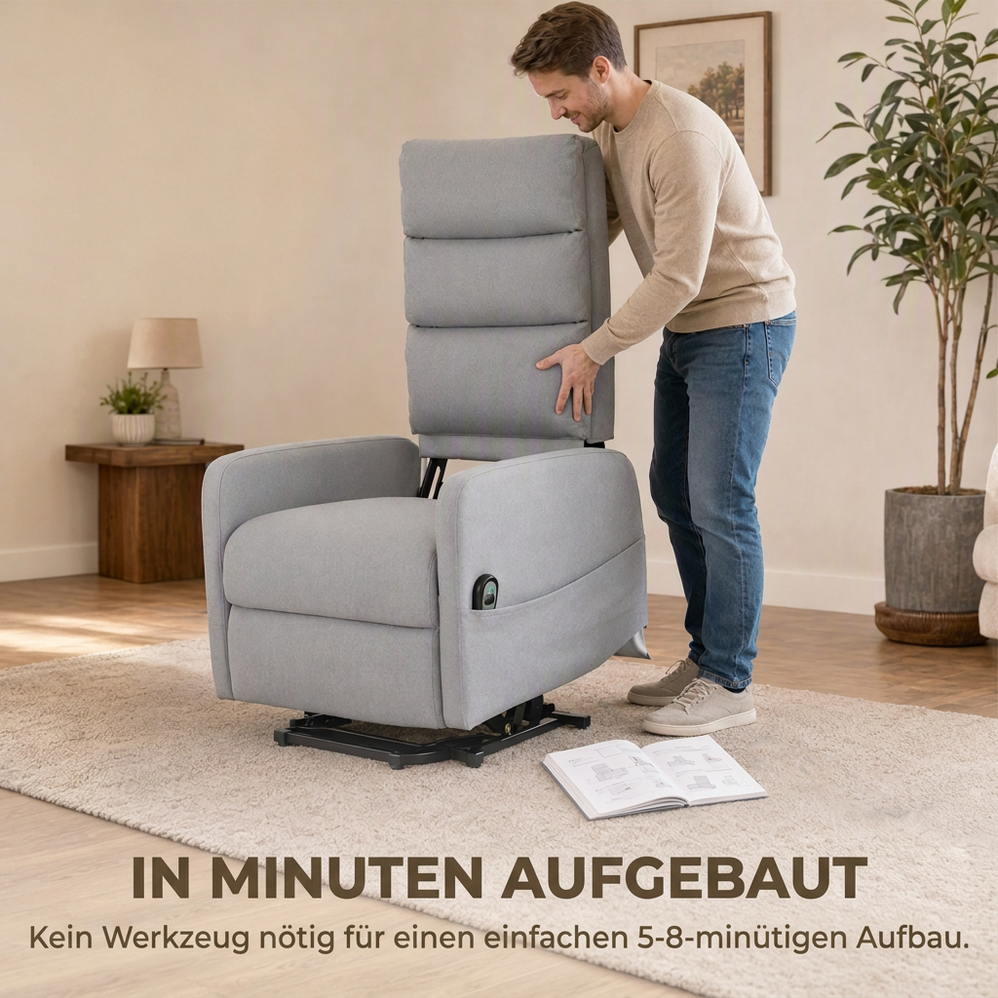 elektrischer Relaxsessel mit Aufstehhilfe, Fernbedienung, weicher Schaumstoff, Seitentasche, Bezug in Leinenoptik, Grau