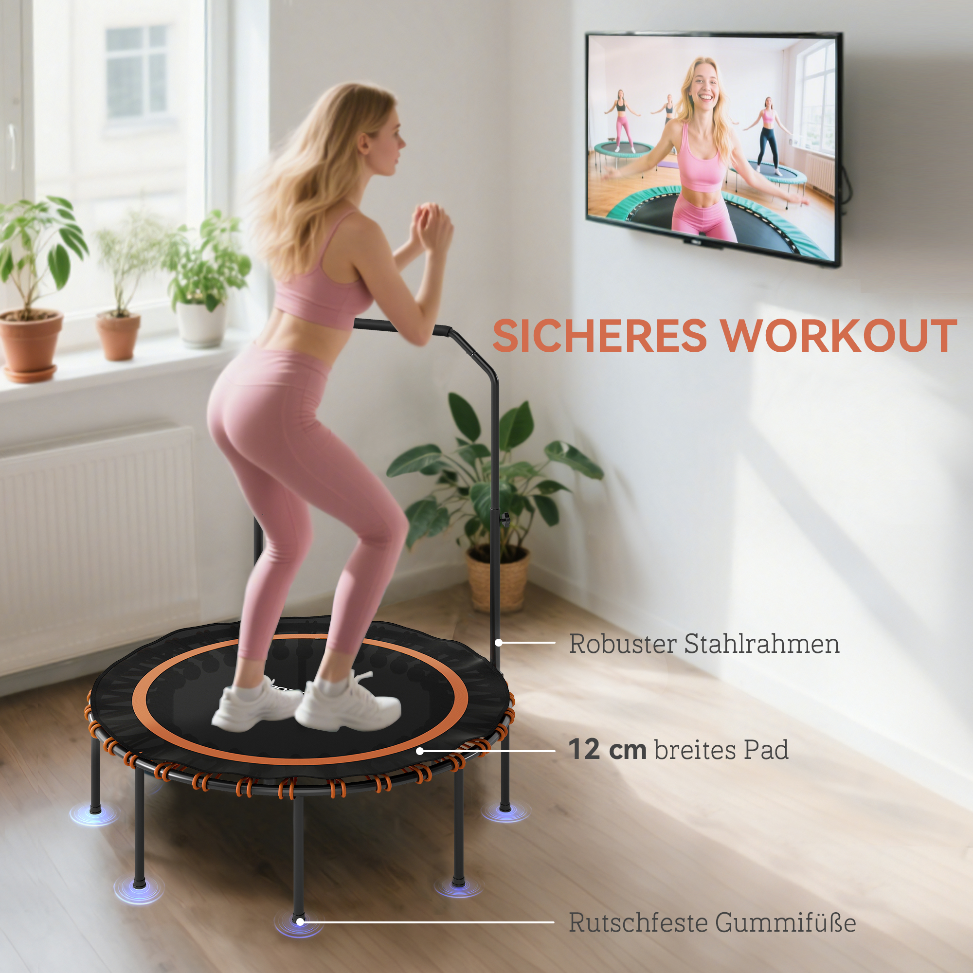 Fitness-Trampolin mit verstellbarem Handlauf, Sport-Trampolin für drinnen und draußen, Stahl, Kunststoff, Orange
