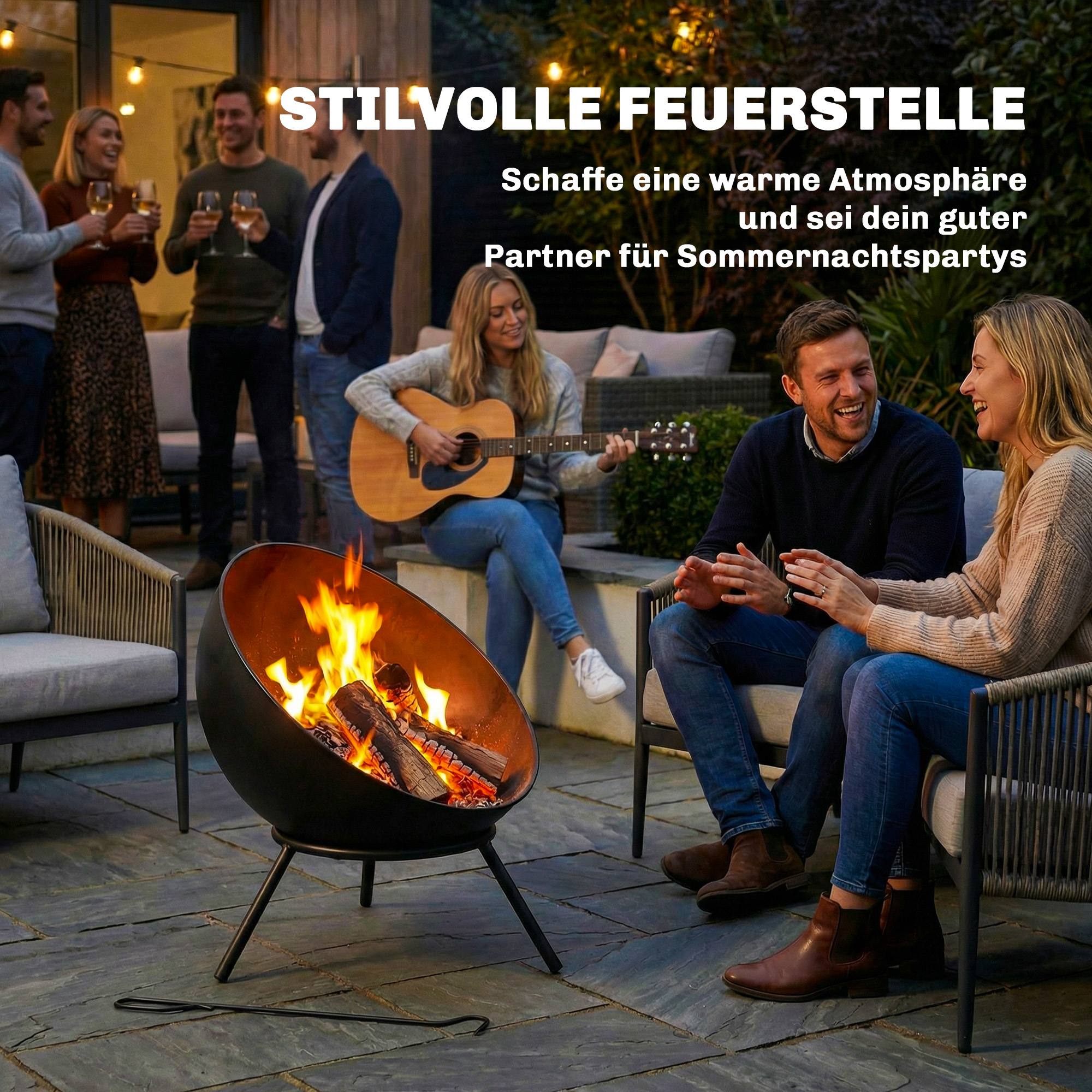 Feuerschale 60 x 53 x 66cm verstellbar Feuerstelle mit Schürhaken Kohlegitter Ständer Schwarz