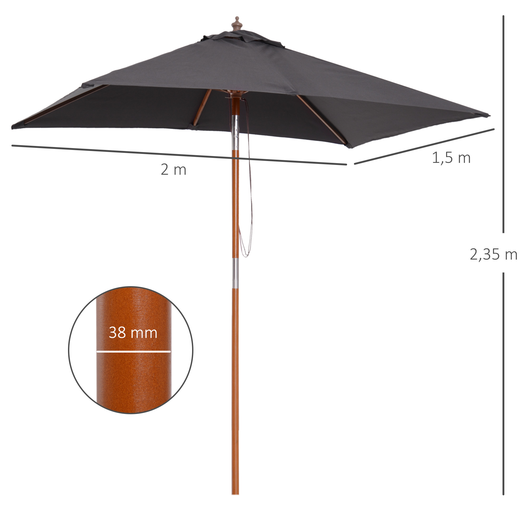 Sonnenschirm 200 x 150 x 235 cm Knickbarer Gartenschirm 3-stufig einstellbar rechteckig Strandschirm wasserabweisend und UV-beständig für Strand Balkon Terrasse Garten Dunkelgrau
