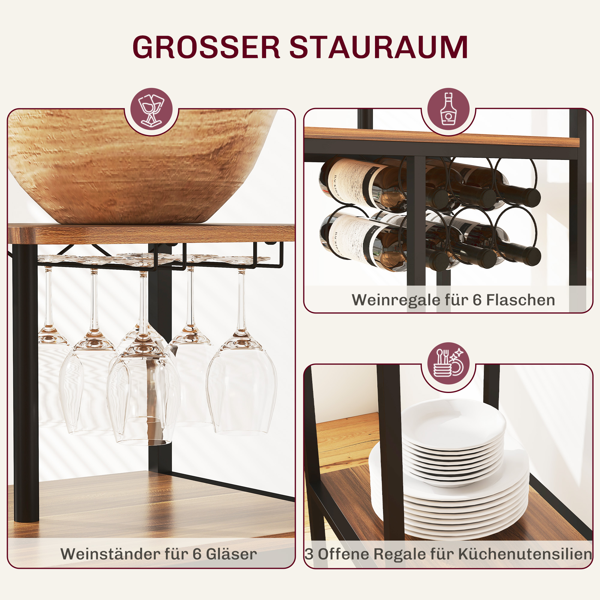 3-teiliges Bartisch-Set, 1 Bartisch, 2 Stühle, mit Weinregal, Glashalter, Offene Regale, Fußstützen, Braun