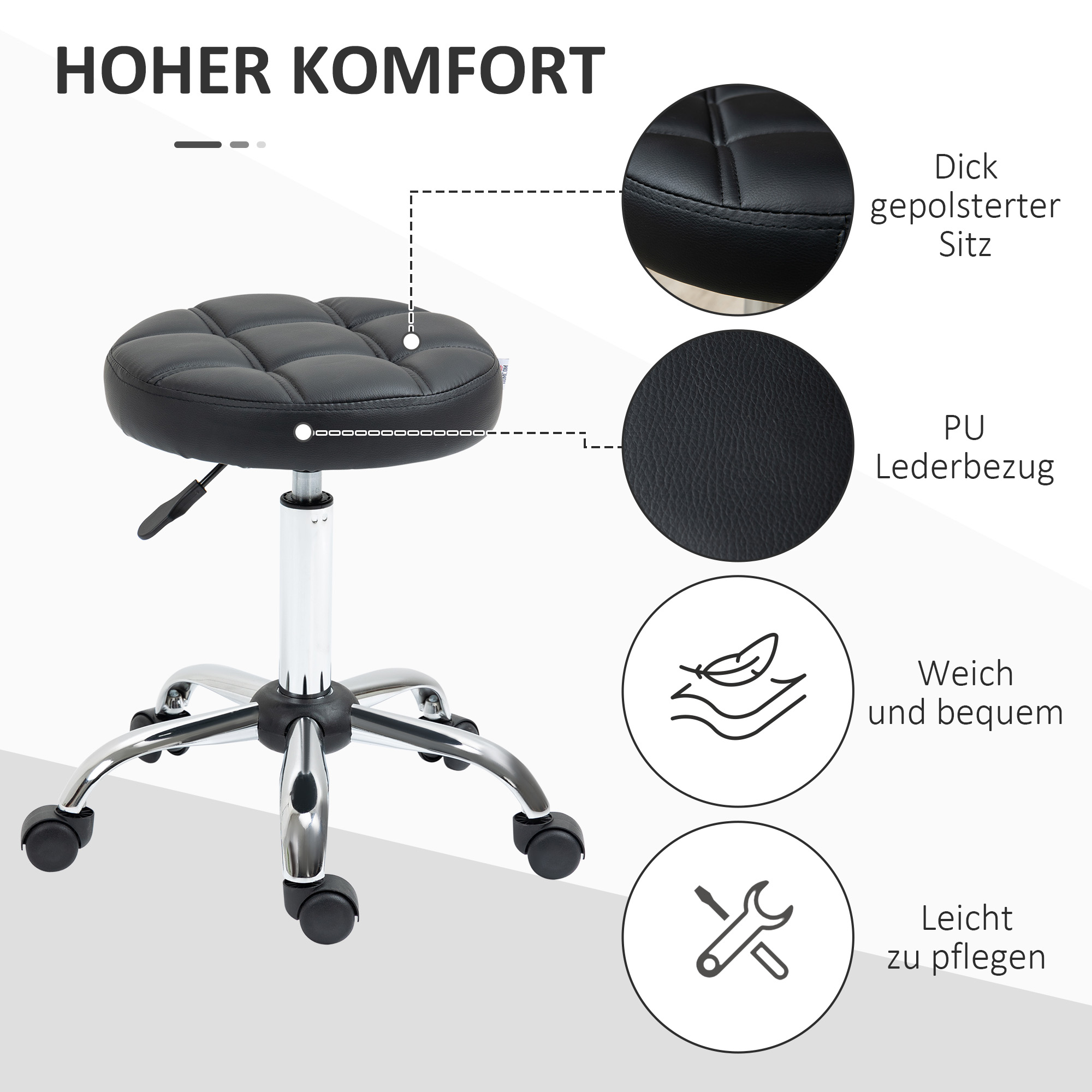 2er-Set Rollhocker höhenverstellbar, Drehhocker 48-63 cm, Arbeitshocker 360° drehbar, Bürohocker für Büro, Salon, Massage, Spa, Schwarz