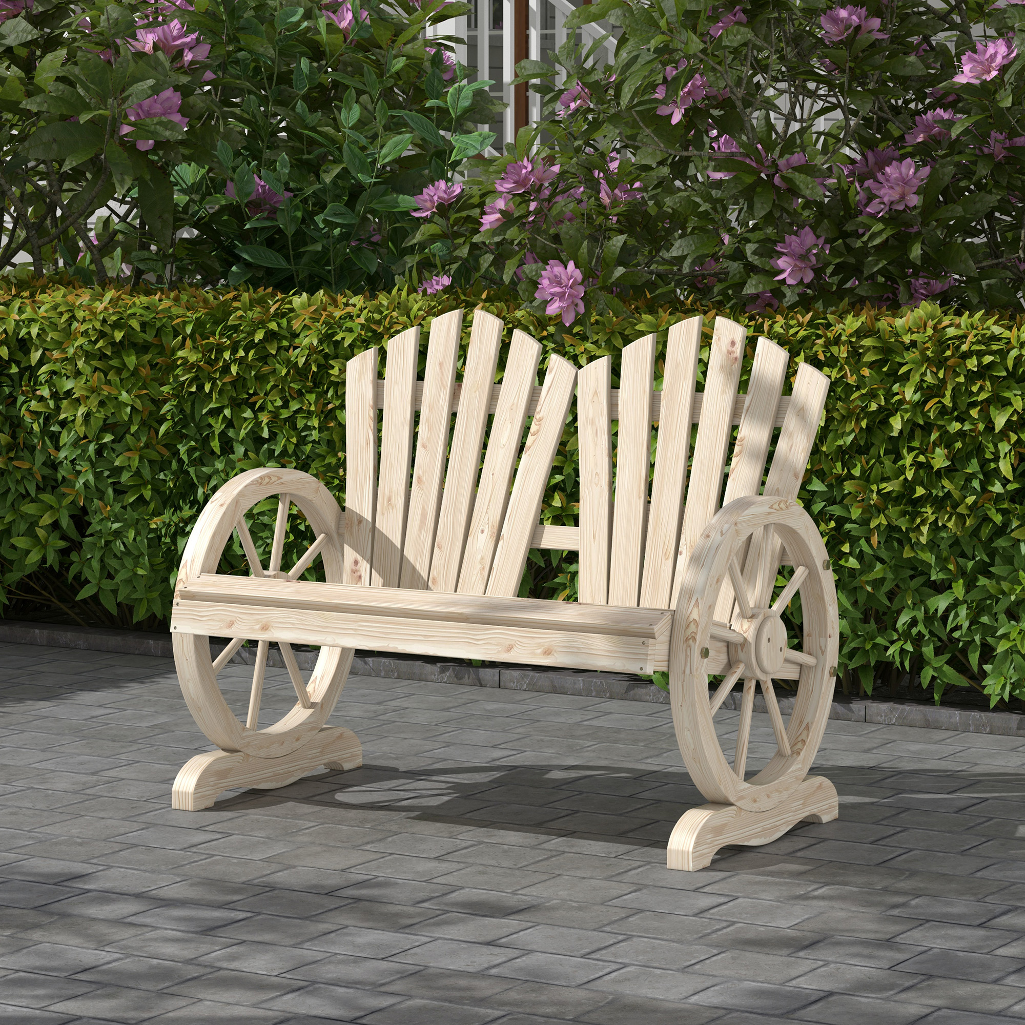 Gartenbank, Wagenrad-Design, für 2 Personen, Naturholz