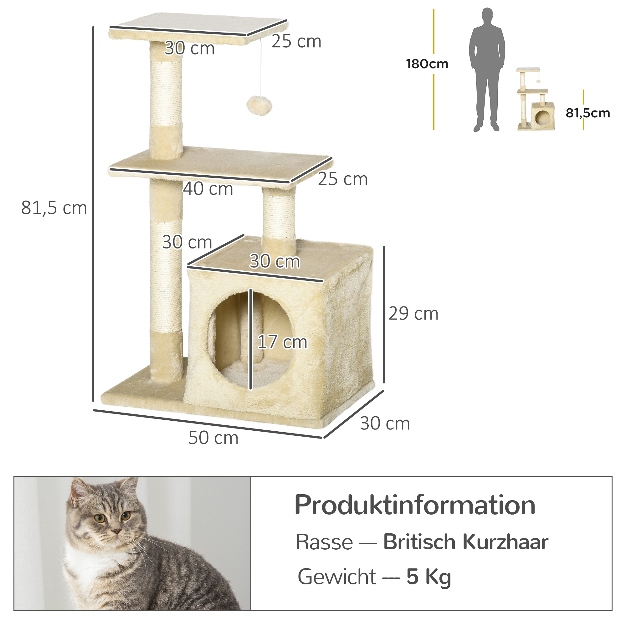 Kratzbaum 81,5 cm Katzenbaum mit Katzenhöhle, Plattformen, Katzenkratzbaum mit Sisal-Kratzsäulen, Spielball, für Katzen bis 4,5 kg, Beige