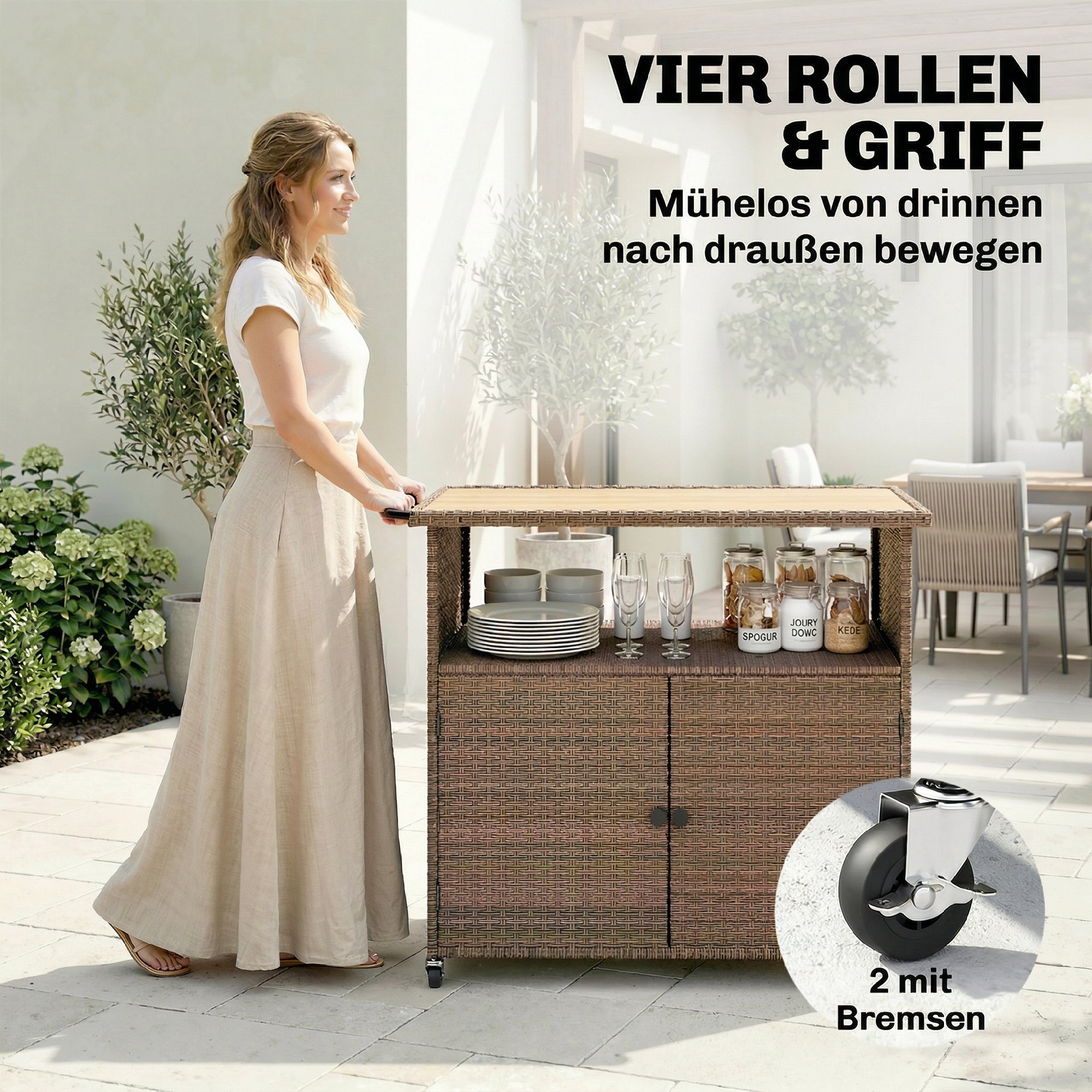 Servierwagen Rattan Küchenwagen mit FSC Eukalyptusholz-Arbeitsplatte Ablagefach Rollen Seitengriff 95 x 54 x 84 cm
