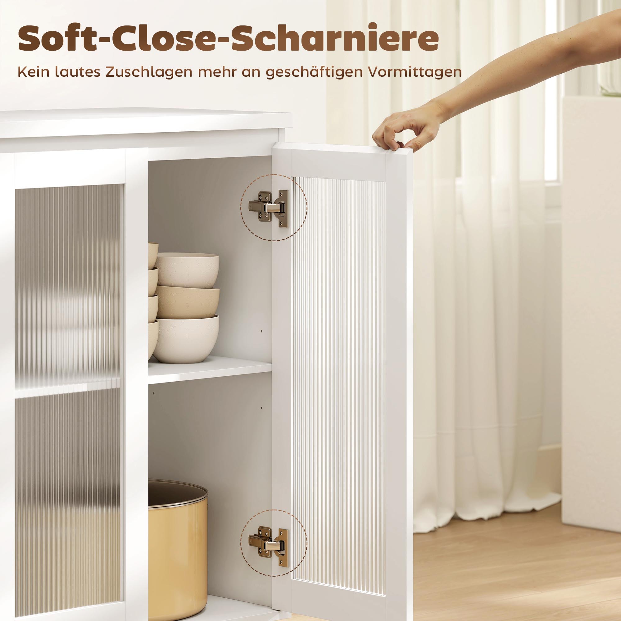 Buffetschrank, Sideboard mit 4 Schubladen, 2 Glastüren, modernes Design, MDF, Weiß