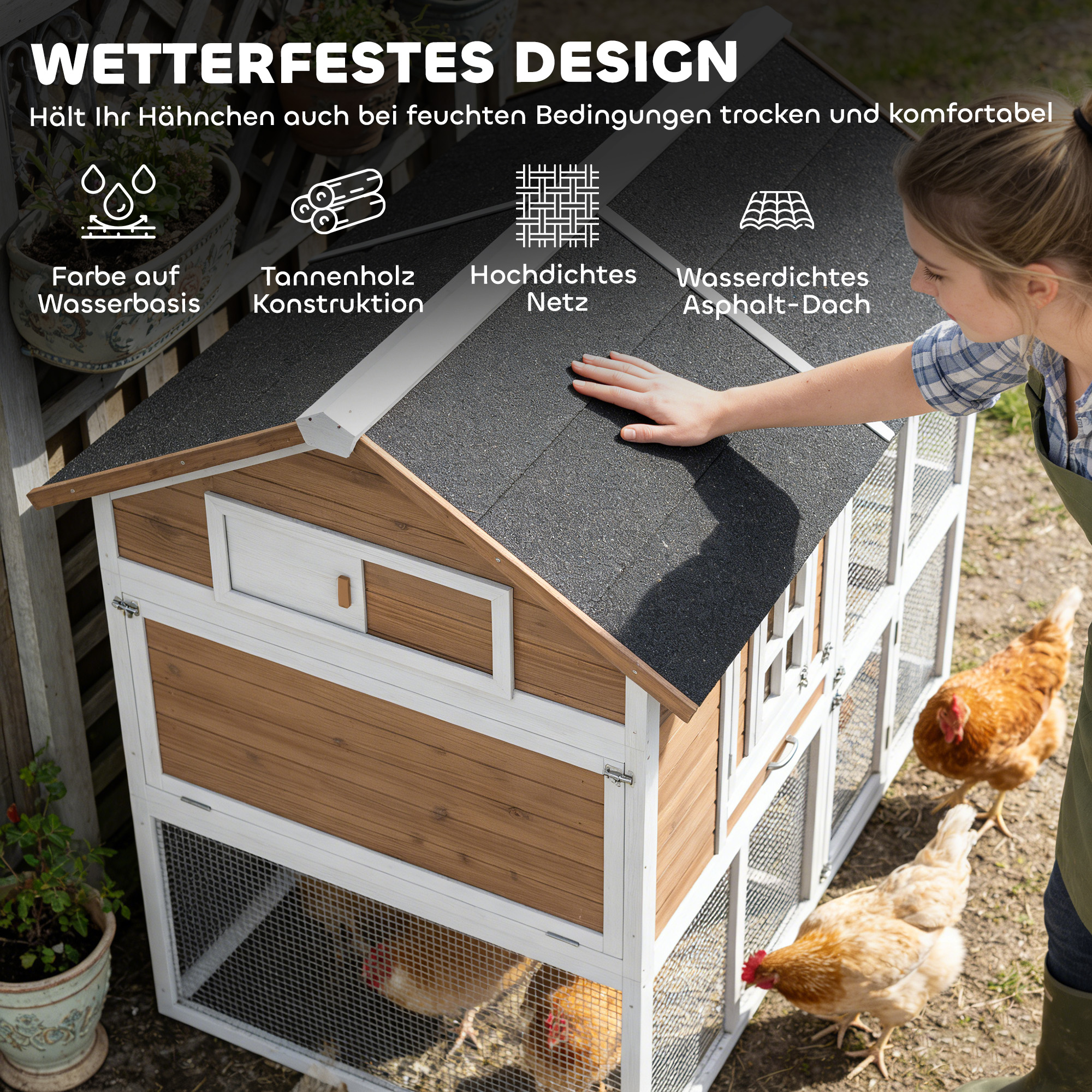 Hühnerstall Hühnerhaus mit Auslauf Nistkasten herausziehbarem Tablett Asphaltdach für 4 Hühner 200x104x145cm Holz Braun