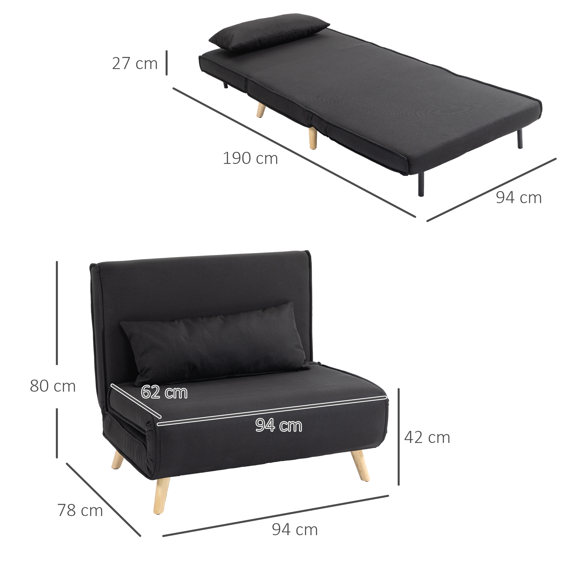 Relaxsessel mit Bettfunktion, für 1 Person, Modern-Design, bis 120 kg, 94x78x80cm, Schwarz