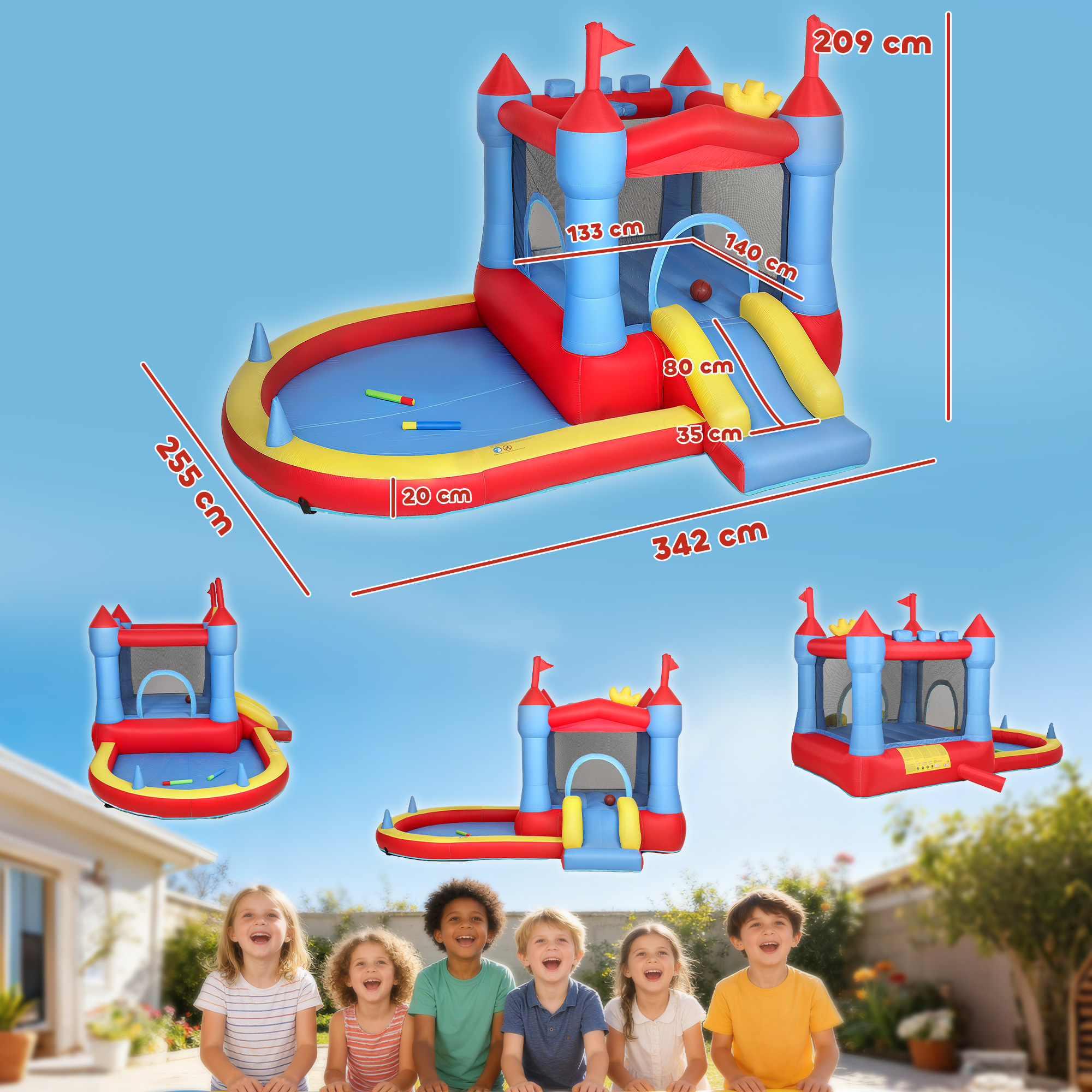 aufblasbare Hüpfburg mit Gebläse Rutsche Trampolin Planschbecken/Bällebad Wasserpistole 342x255x209 cm Blau