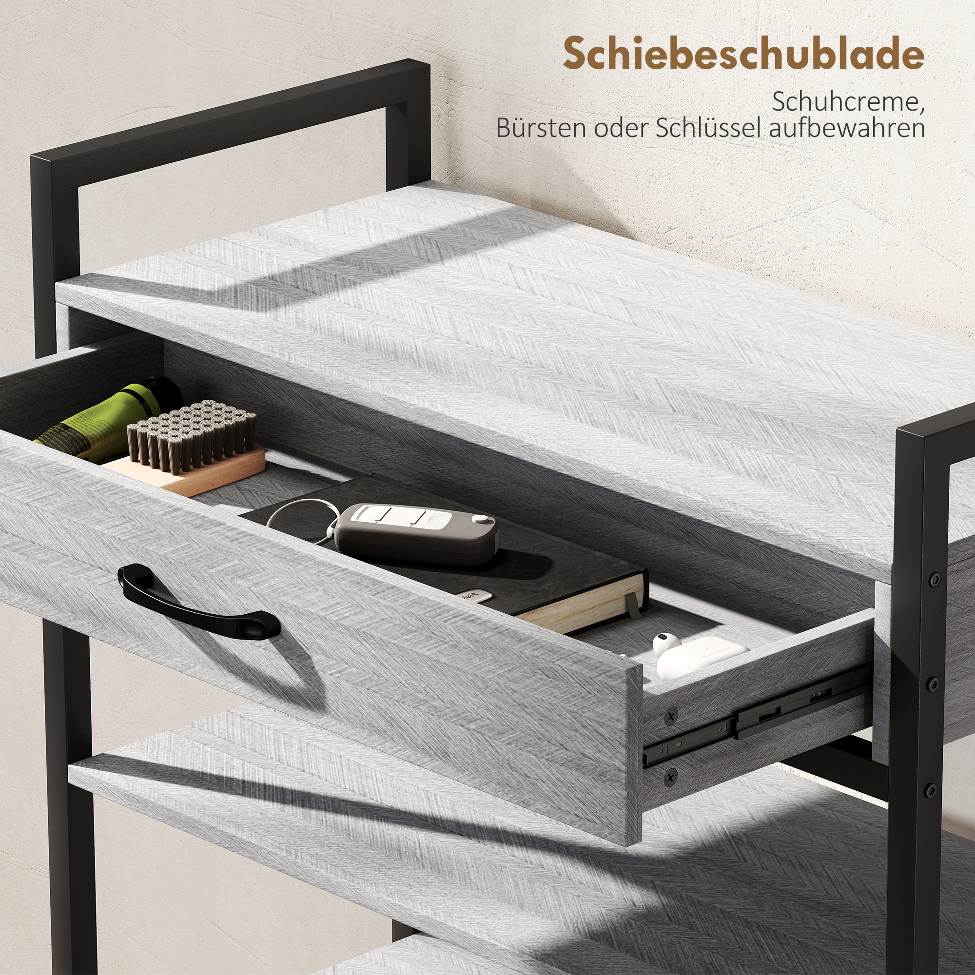 4-stufiges Schuhregal, Flurregal für bis zu 9 Paar Schuhe, Spanplatte, Metall, Grau