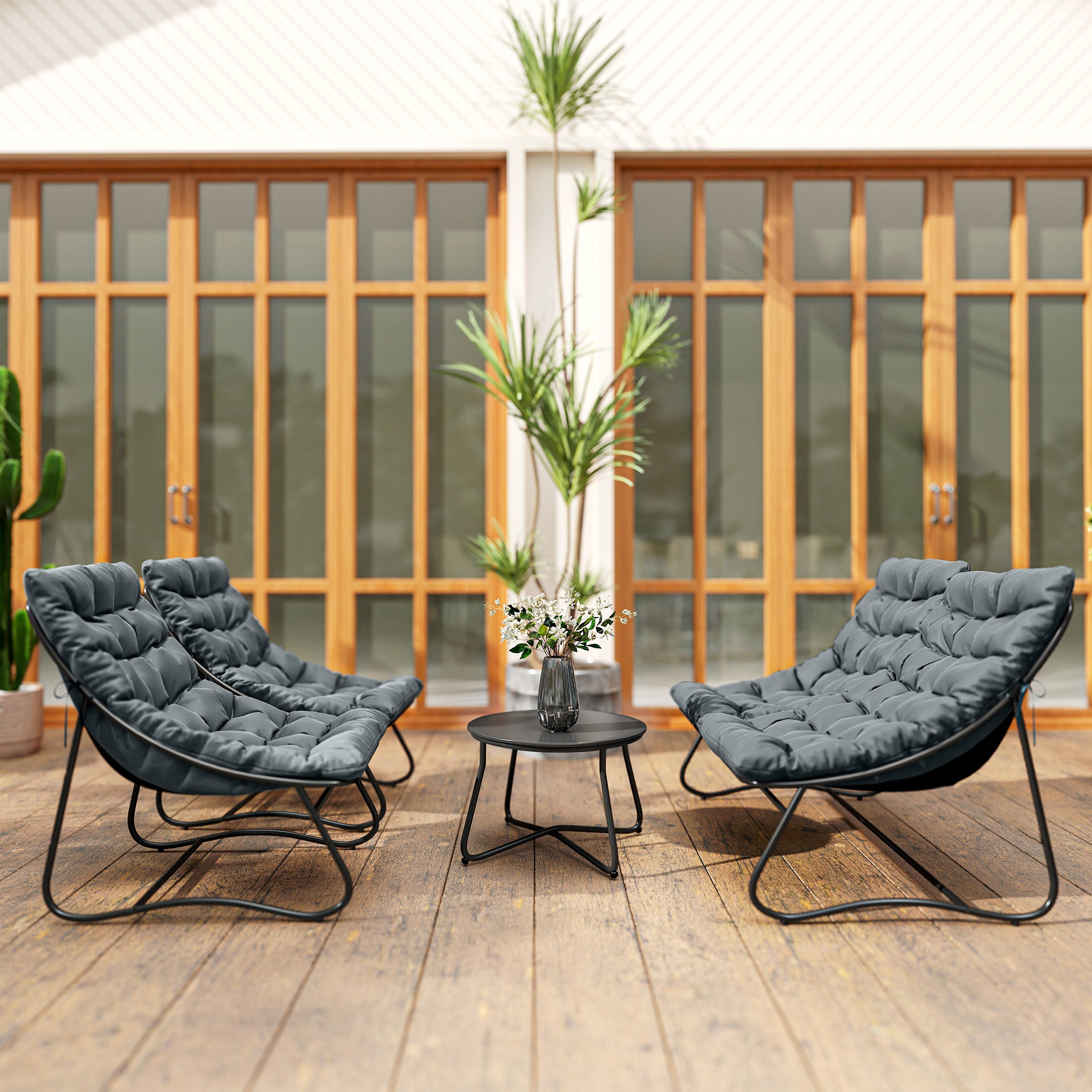 4-Sitzer Gartenmöbel-Set, 2 Stühle, 1 Doppel-Sofa, 1 Tisch, dicke Kissen, Stahlrahmen, für Terrasse, Grau