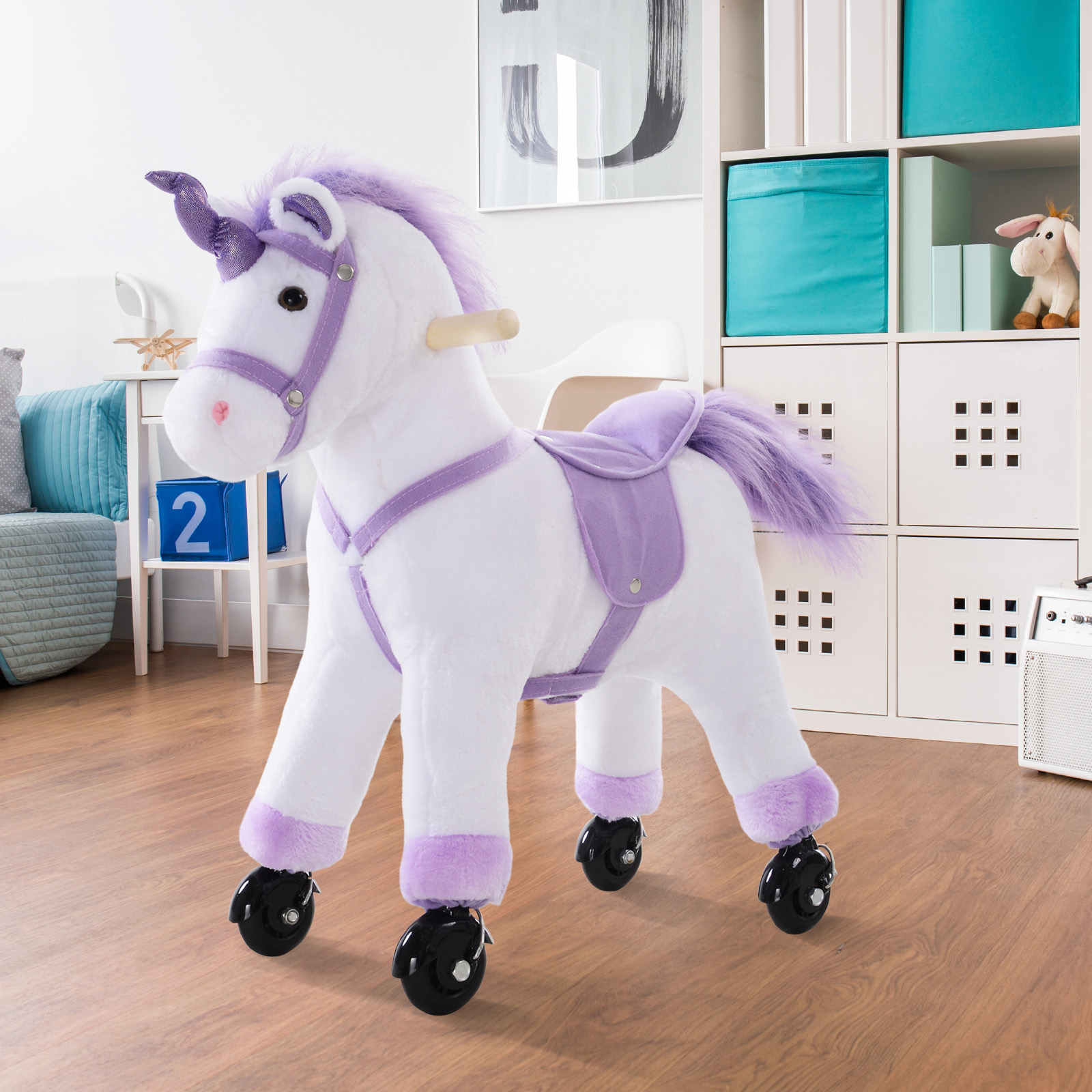 Reitpferd auf Rollen Spielpferd Reittier  Wiehern Plüsch Lila 55 x 23 x 60 cm