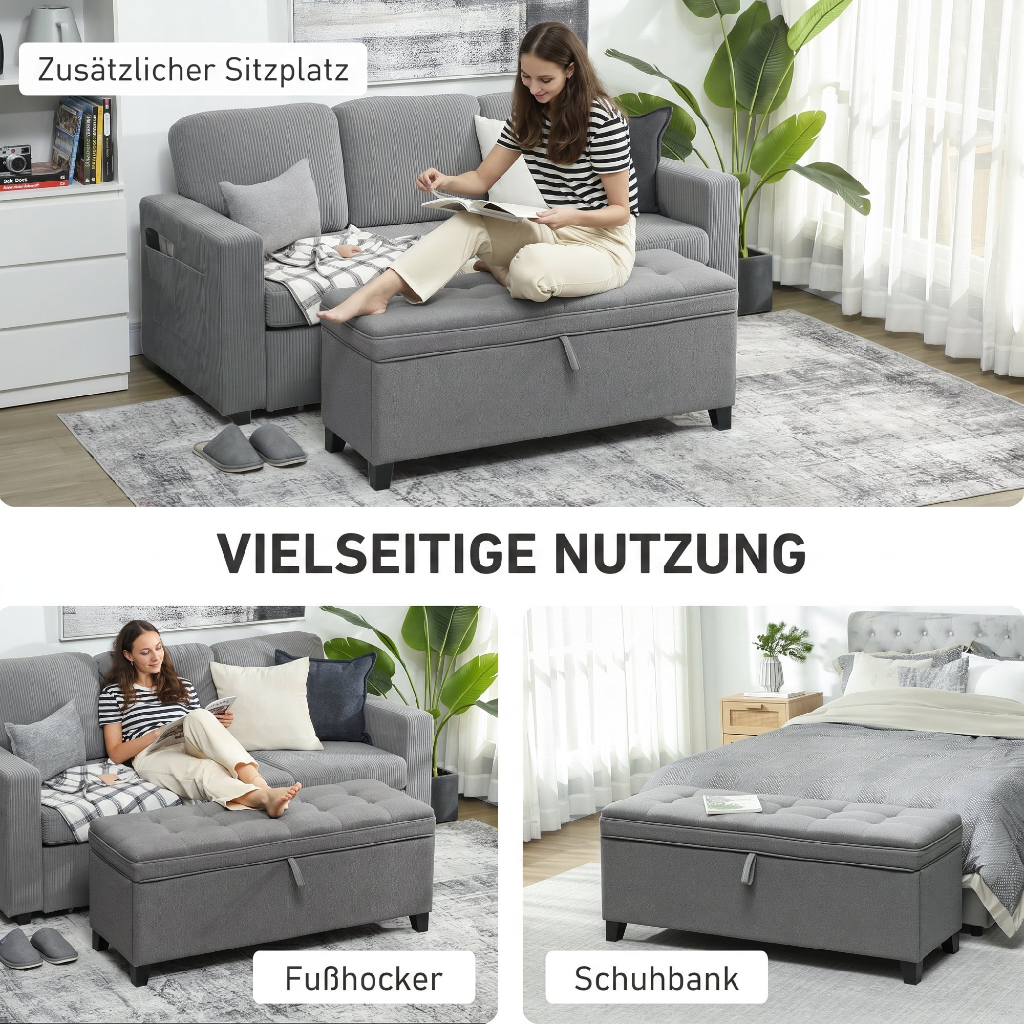 Sitzbank mit Stauraum, Polsterbank 120x40x48 cm mit Sicherheits-Scharniern, Leinenoptik, Dunkelgrau