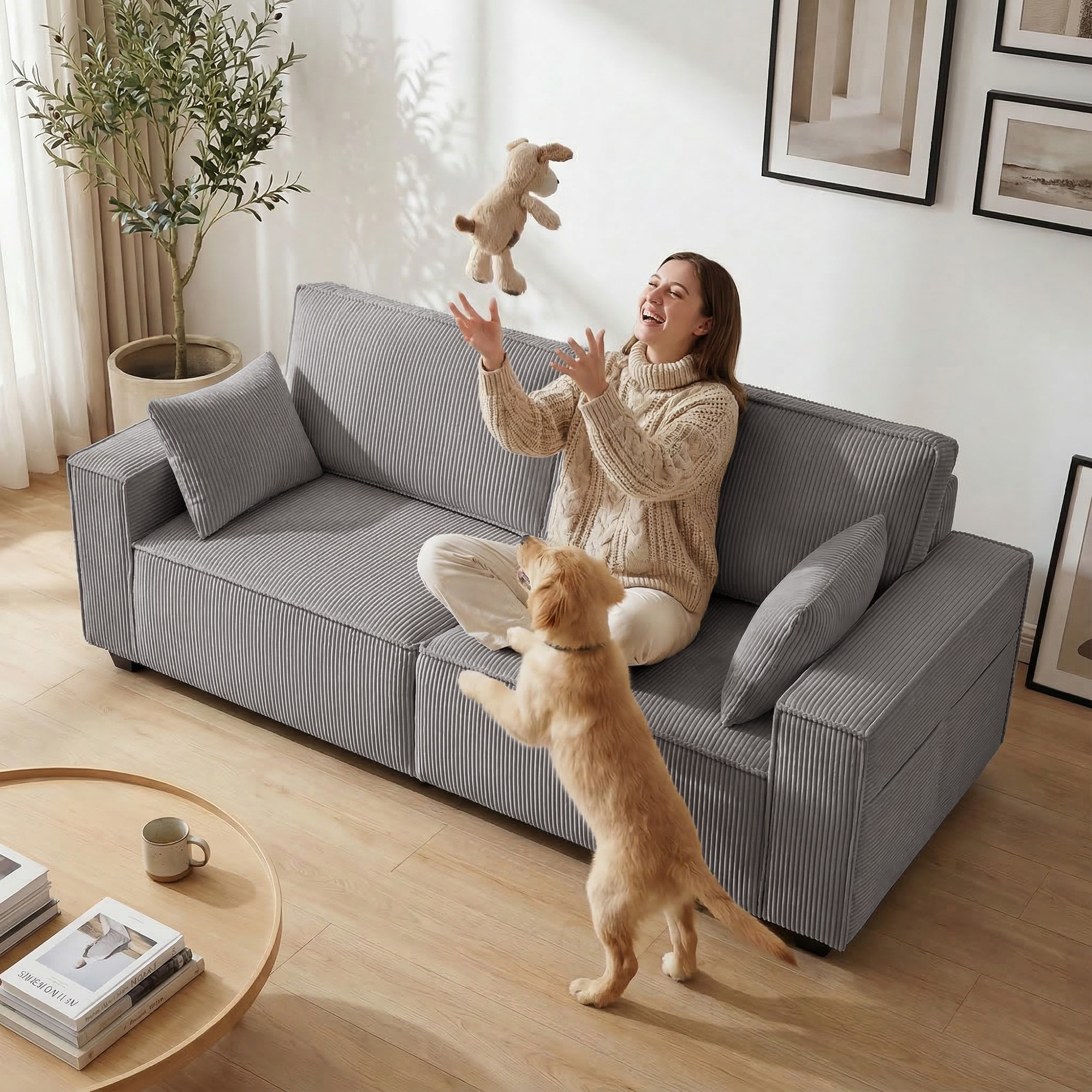 218 cm 3-Sitzer Sofa, modernes Cord-Sofa mit Taschenfeder-Polsterung, breiten Armlehnen und 2 Kissen, hellgrau