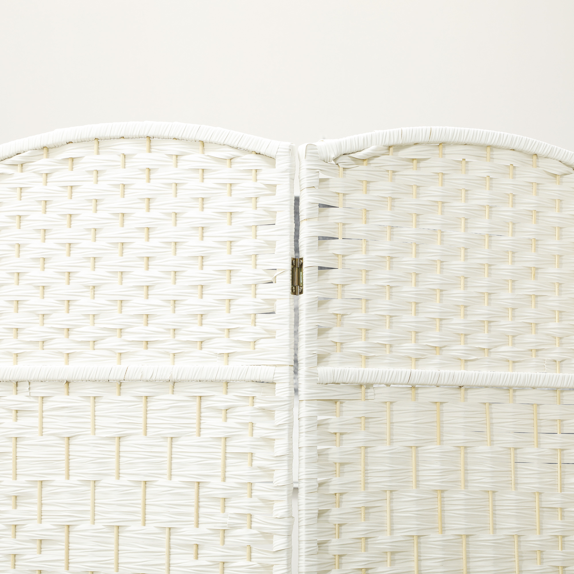 Raumteiler, 4-teilig faltbare Trennwand, Geflechtmuster, Kiefernholz, Weiß