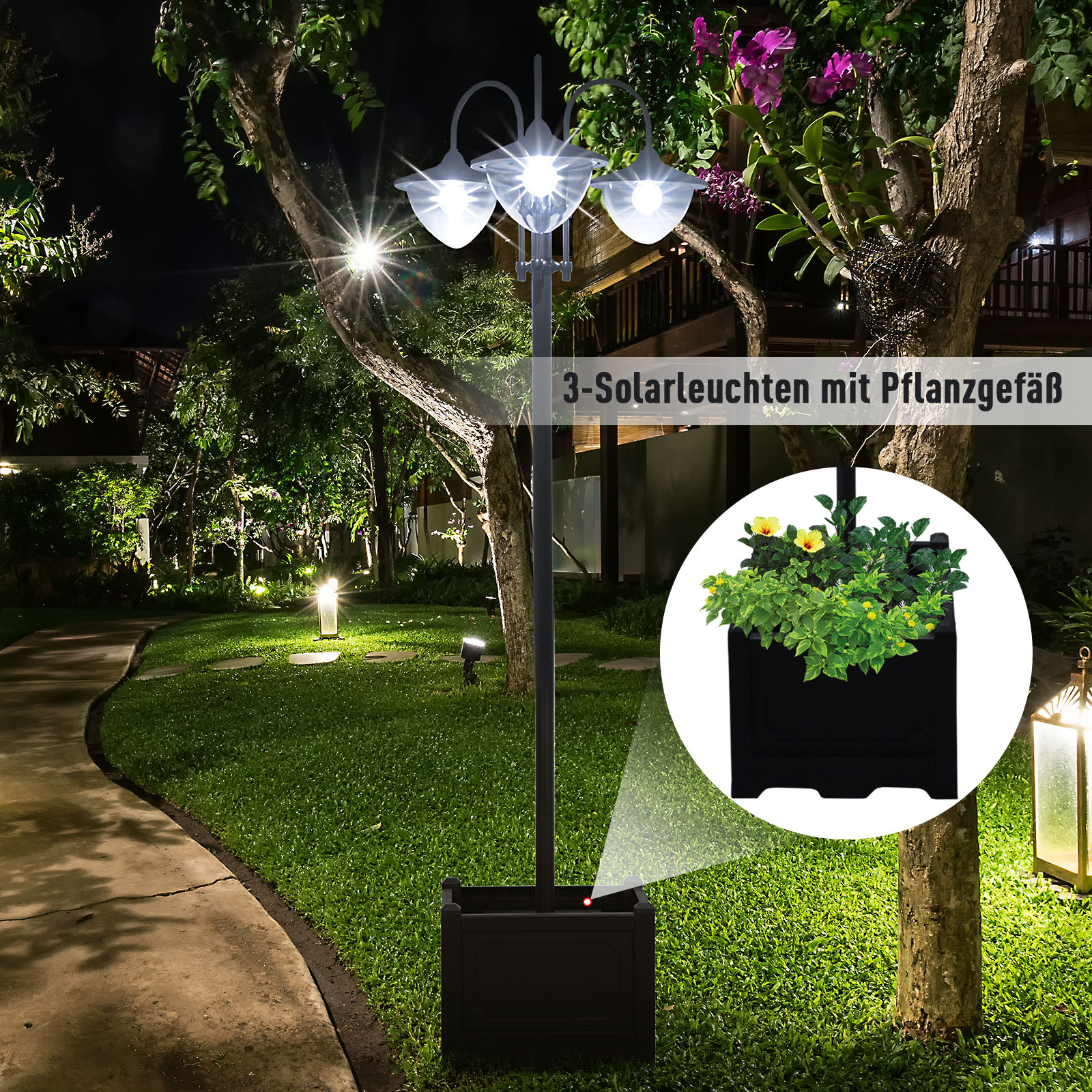 Solar Laterne Stehleuchte aus Metall, Gartenlaterne mit Lichtsteuerung, 189 cm hoch, Windlicht Außenleuchte, Wasserdicht IP44 mit Blumentopf-Basis für Garten Balkon Deko Schwarz