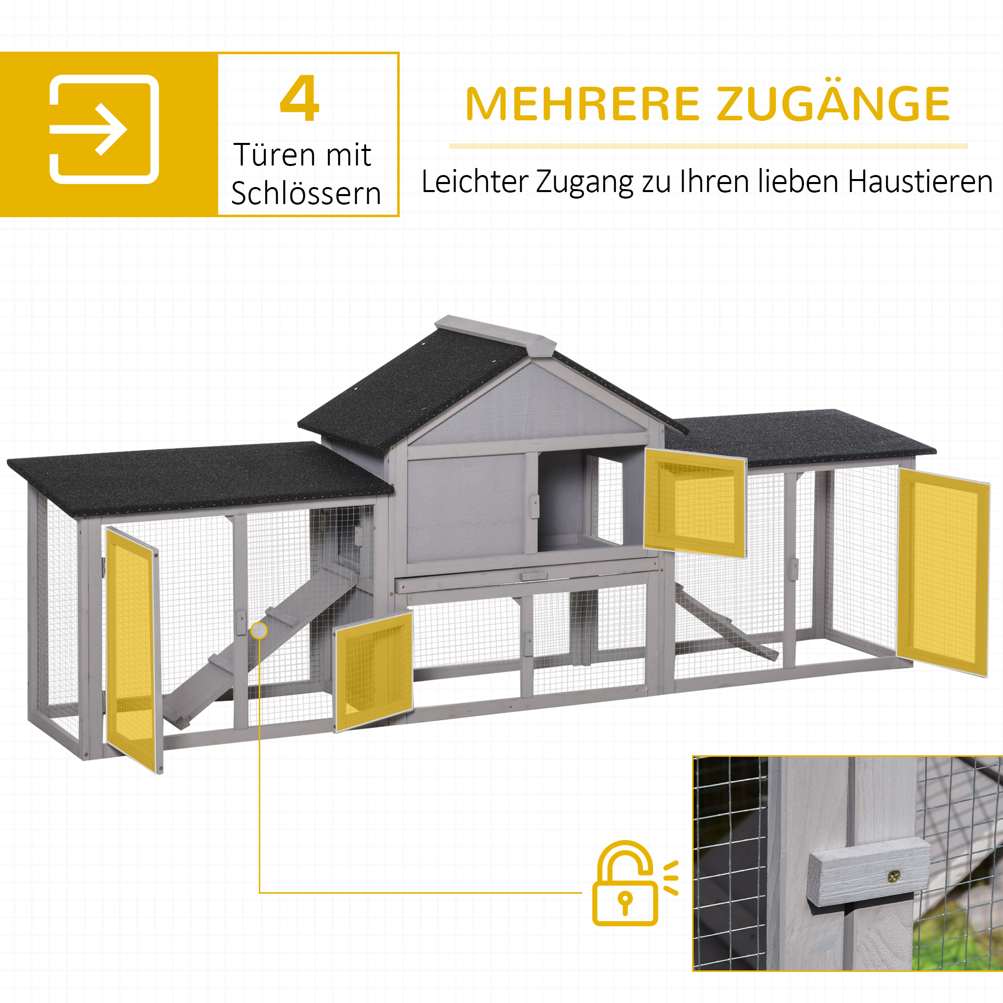 Kleintierstall mit 2 Freiluftgehegen Asphaltdach Tannenholz Grau + Schwarz