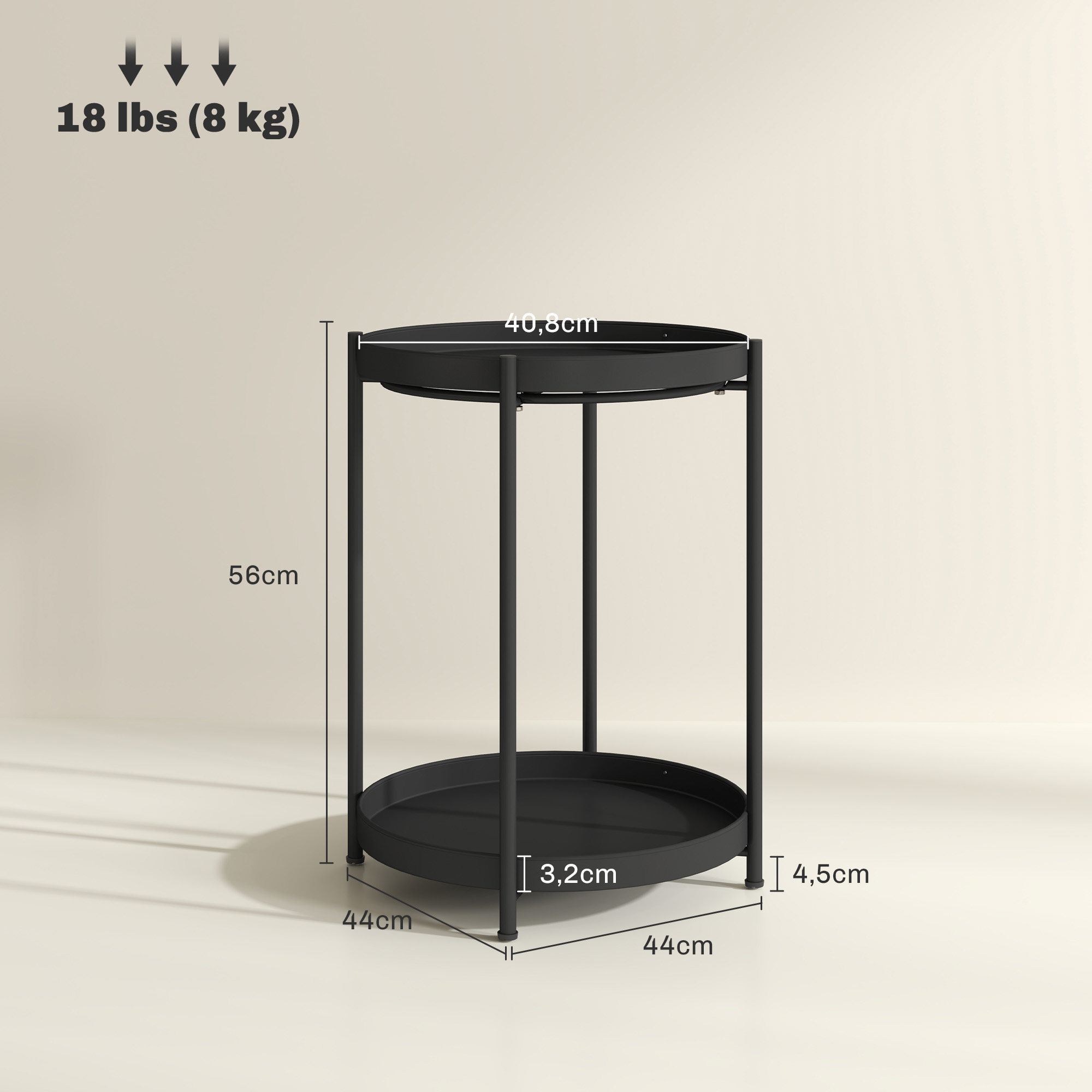 runder Beistelltisch mit Regalboden, 2-stufiger Kaffeetisch für Wohnzimmer, Schlafzimmer, kleine Räume, Metall, Schwarz