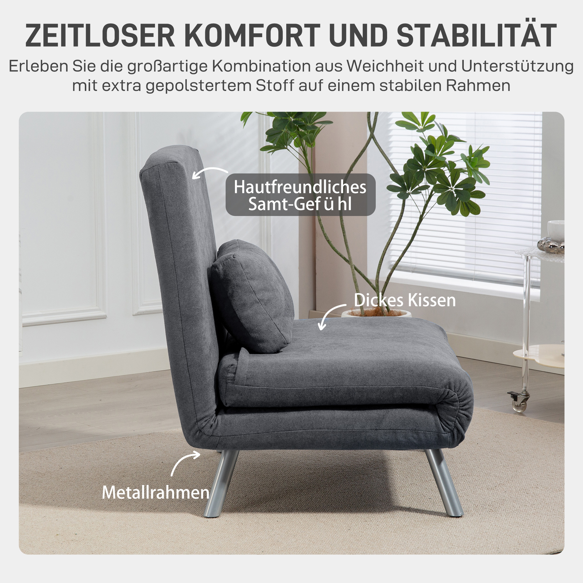 Polstersessel mit Bettfunktion, 3-in-1 Design, Schlafsessel, Gästebett, Stoffbezug, mit Kissen, Dunkelgrau