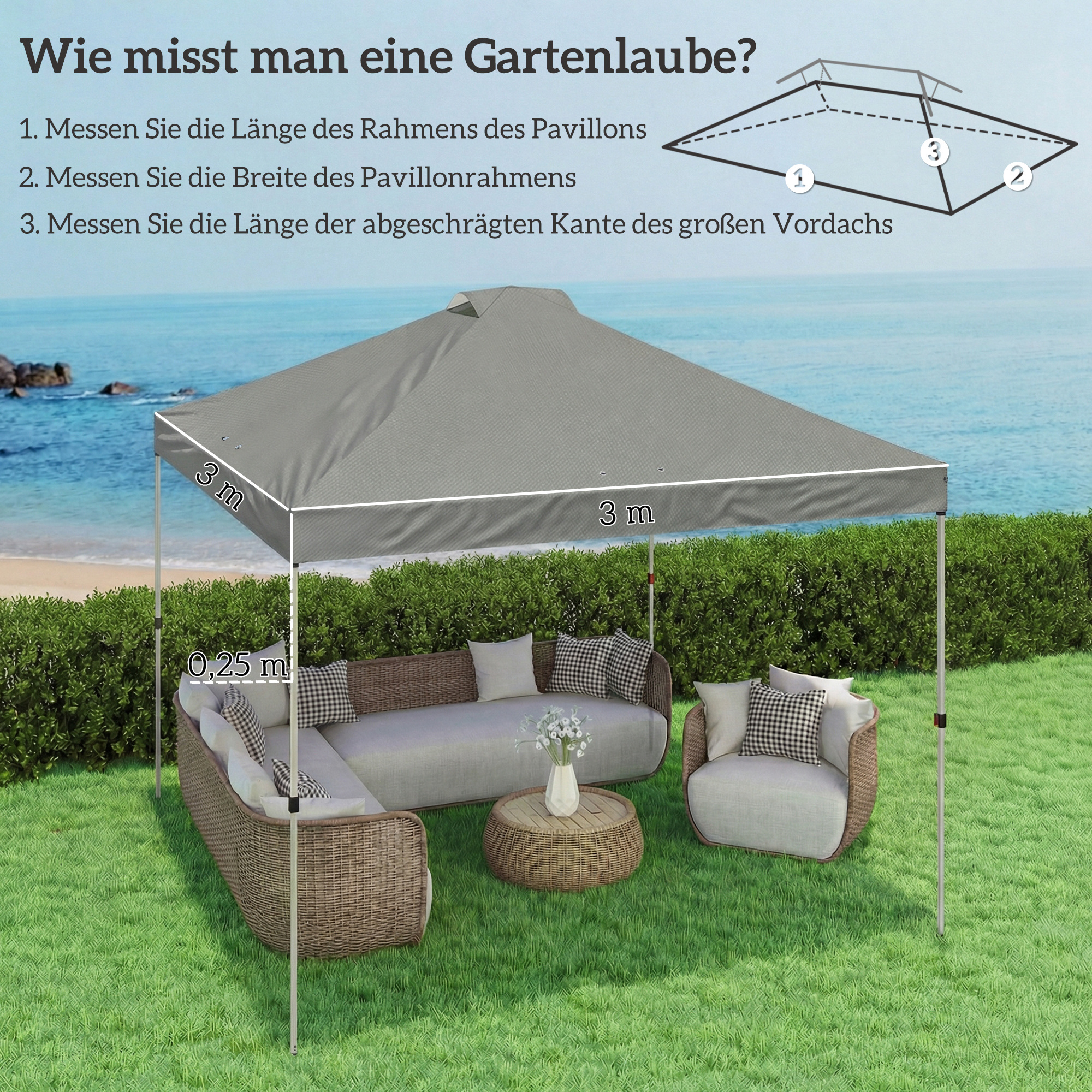 Pavillon-Dach Ersatz UV50+ wasserfest mit 8 Abflusslöchern 3 x 3 m, Hellgrau
