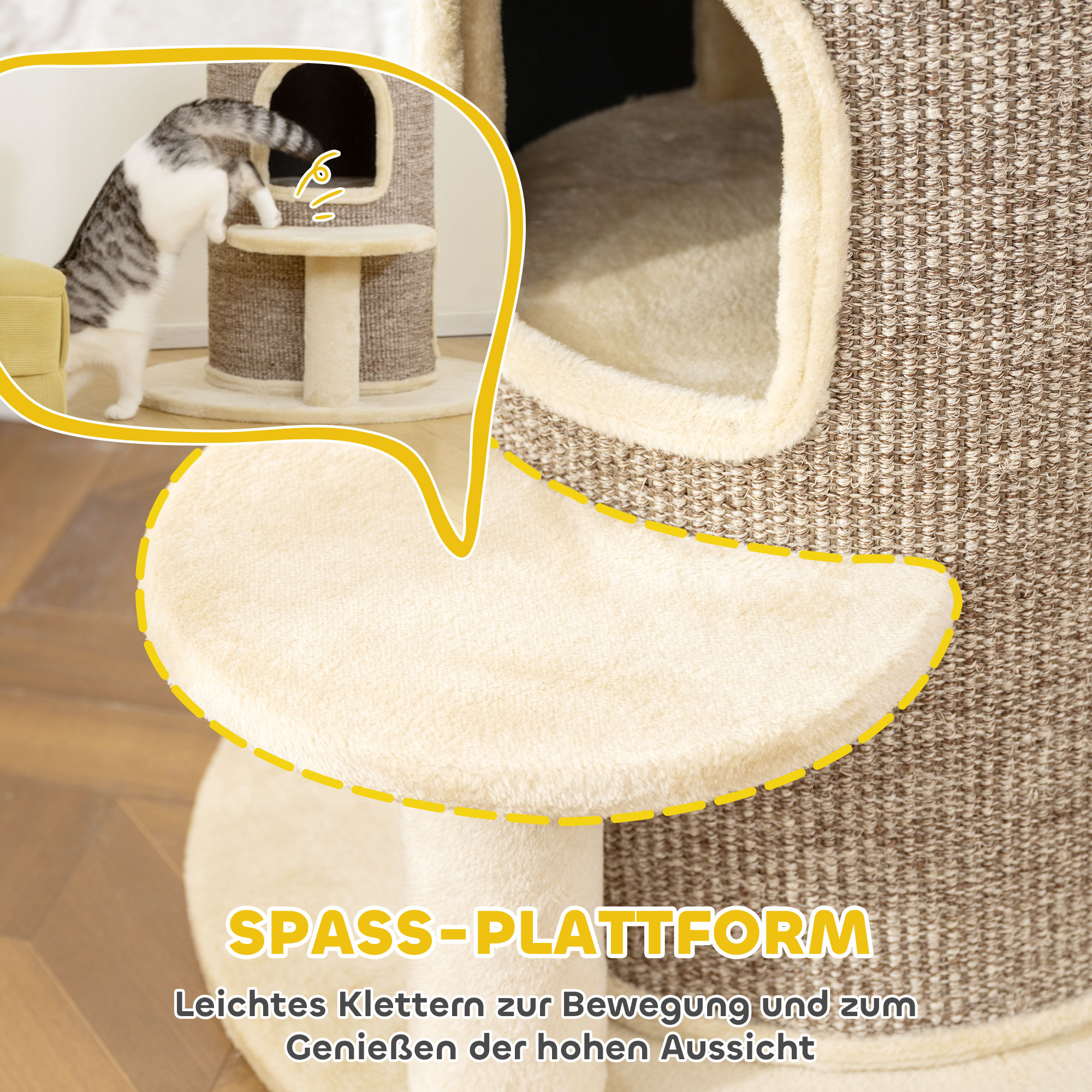 Katzenfass, Kratzbaum mit 2 Ebenen, Sprungplattform, Aussichtspunkt, Kratzmatte, zum Ausruhen und Spielen, Beige