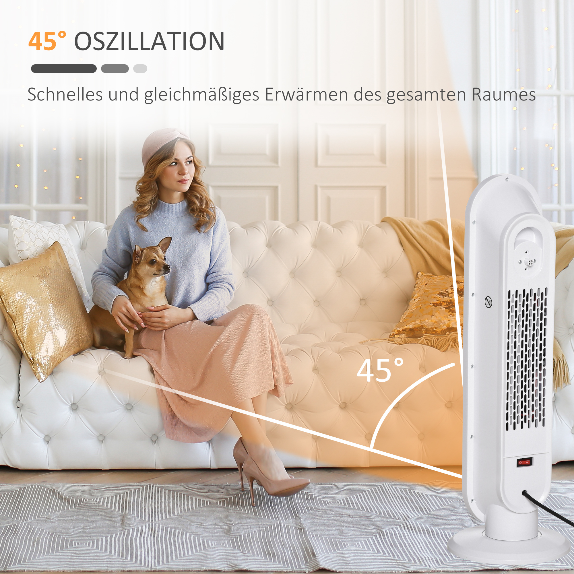 Heizlüfter 24h Stunden-Timer 2000W  2 Modi Oszillation Metall Weiß + Schwarz