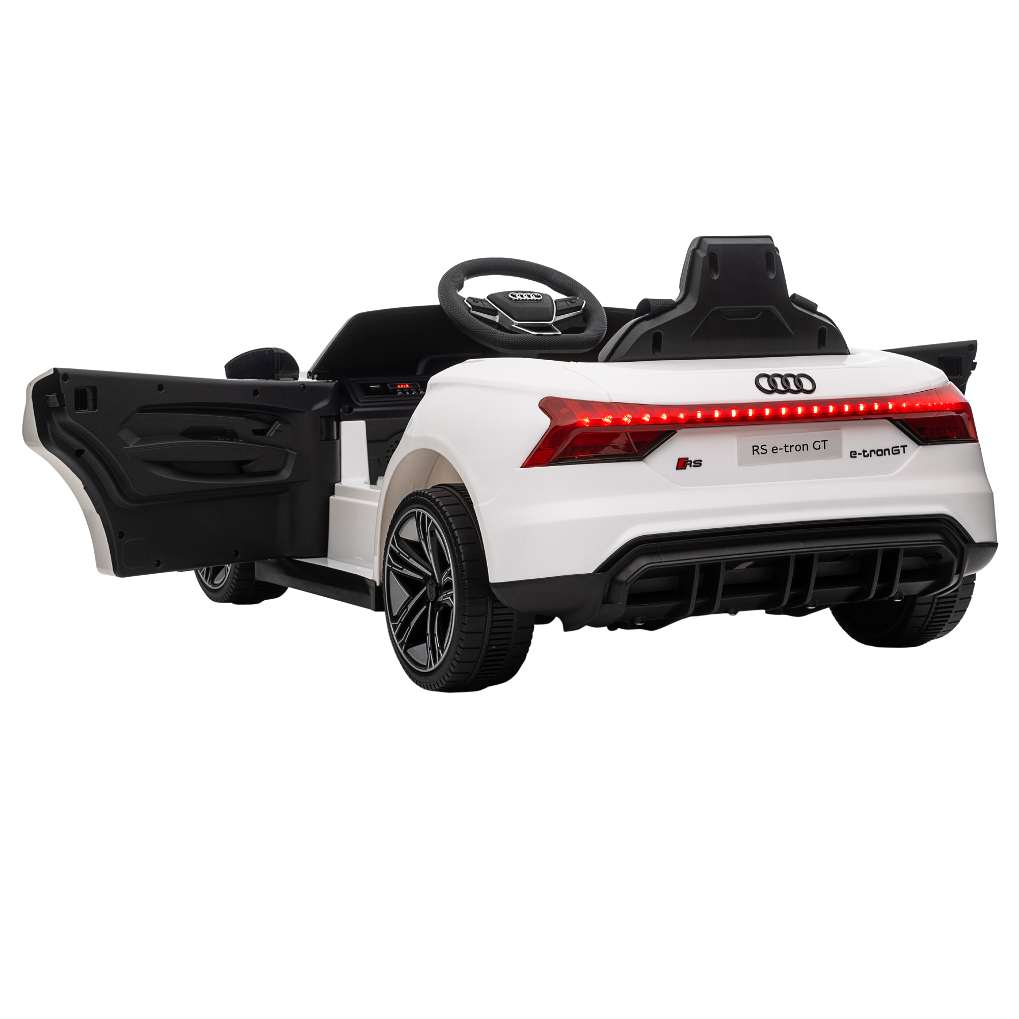 Kinder-Elektroauto Audi RS e-tron GT mit Sicherheitsgurt, Fernbedienung, Scheinwerfern, Musikfunktion, weiß, 103 x 58 x 41cm