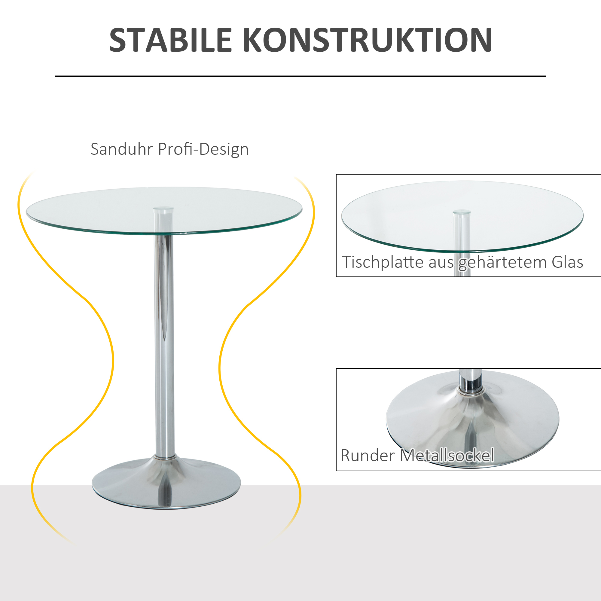 runder Esstisch mit Glastischplatte, Metallgestell, Silberfarben