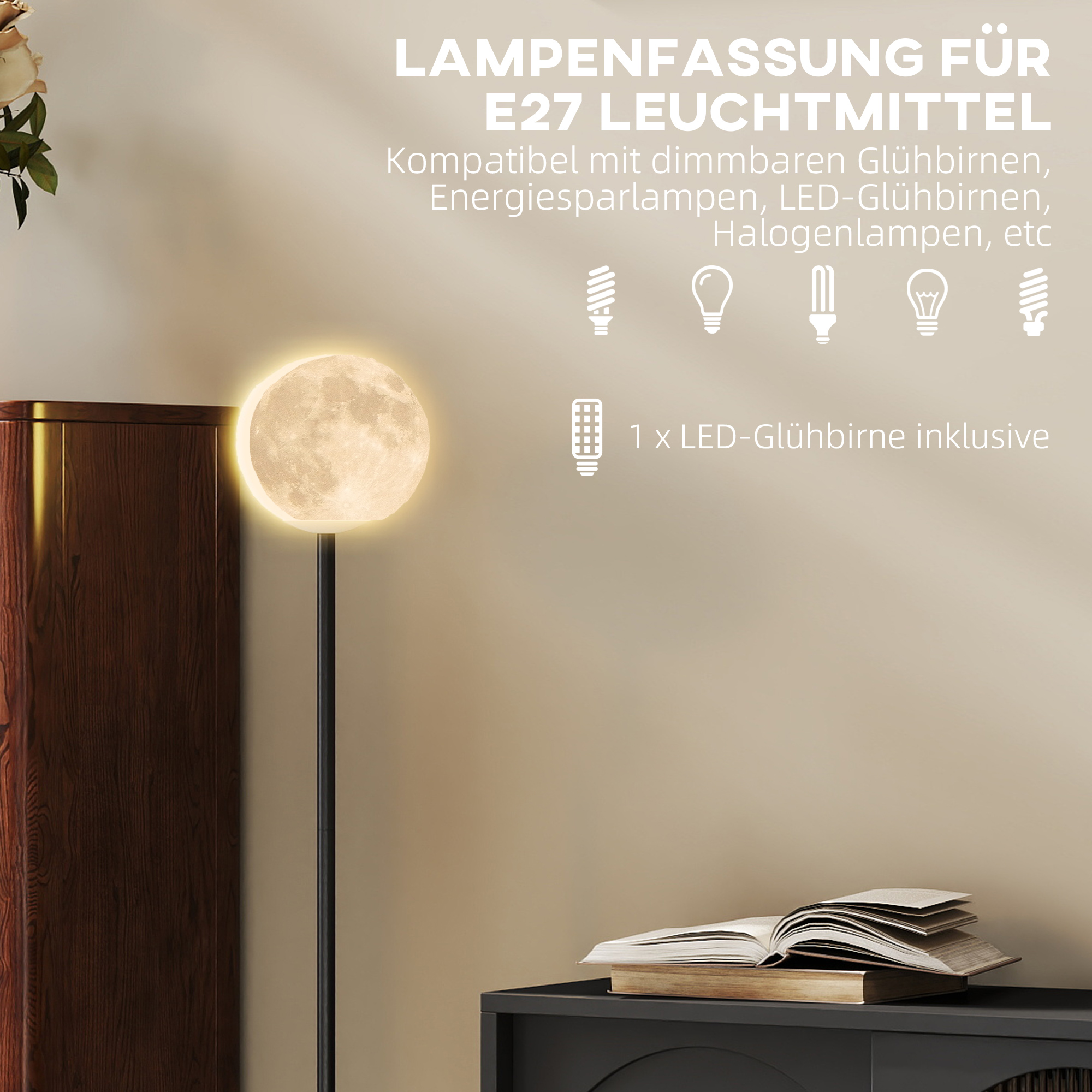 Stehlampe mit Schirm in Mondoptik, Fußschalter, 3 Farbtemperaturen, Metall, Schwarz