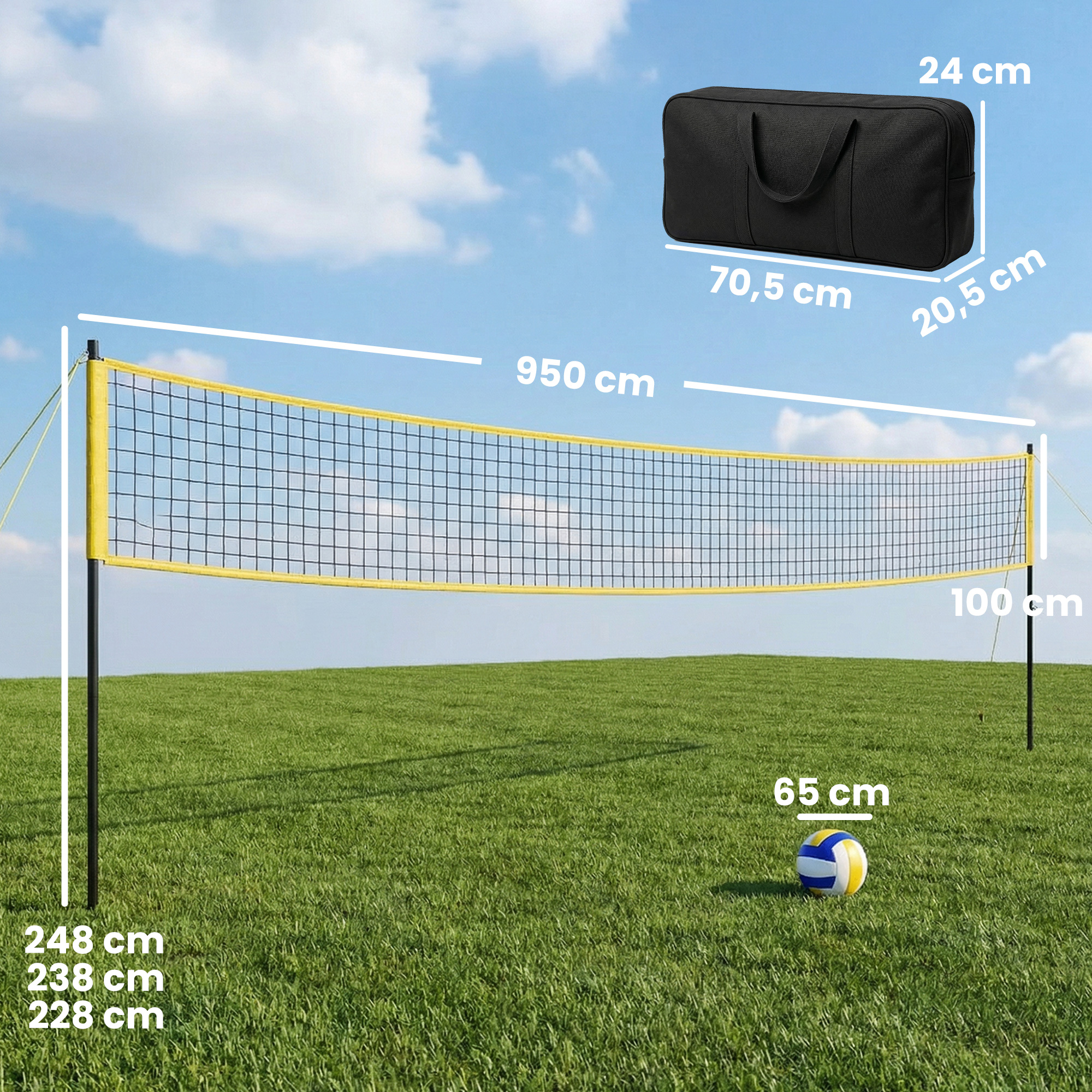 Volleyballnetz Set Tragbar Volleyball-Set mit höhenverstellbar Stahlpfosten Tragetasche 950 x 100 x 248 cm Schwarz