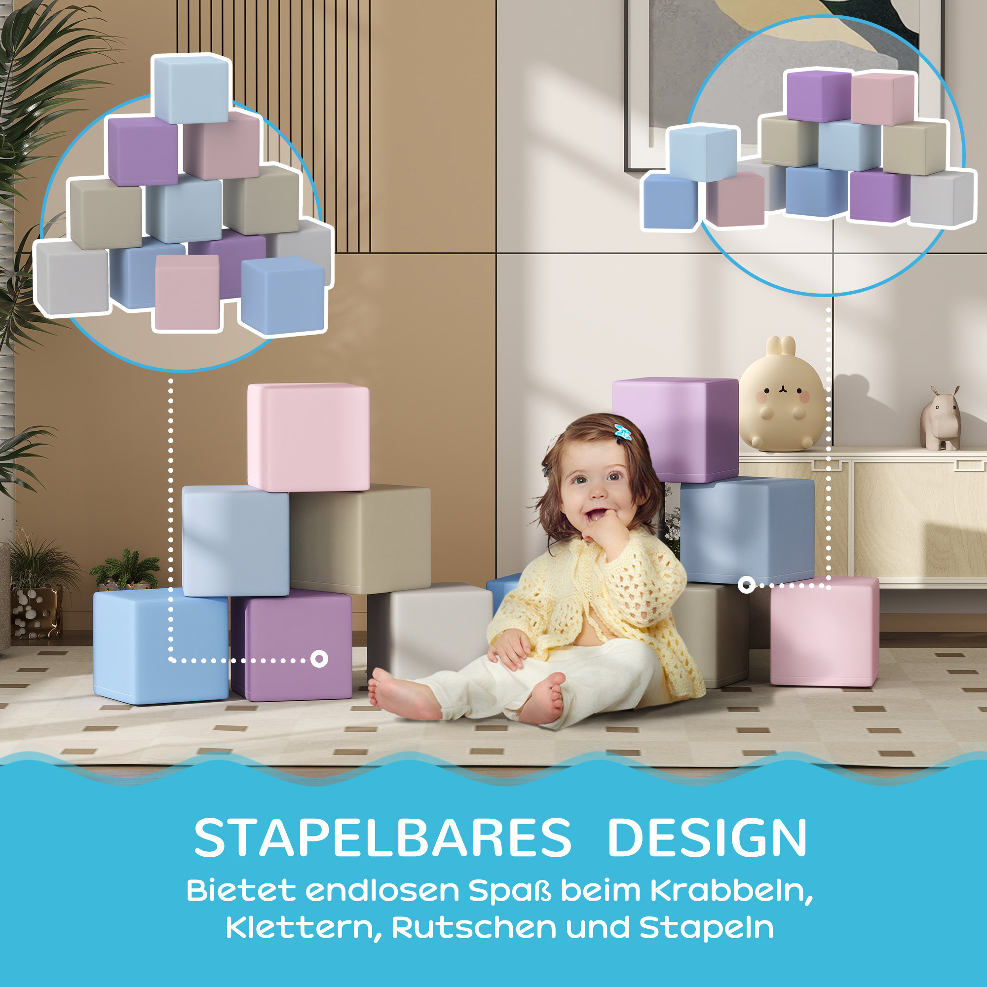 Softbausteine, 12 Würfel á 20 x 20 x 20 cm, pflegeleicht, kindersicher, für 1-3 Jahre, Kunstleder
