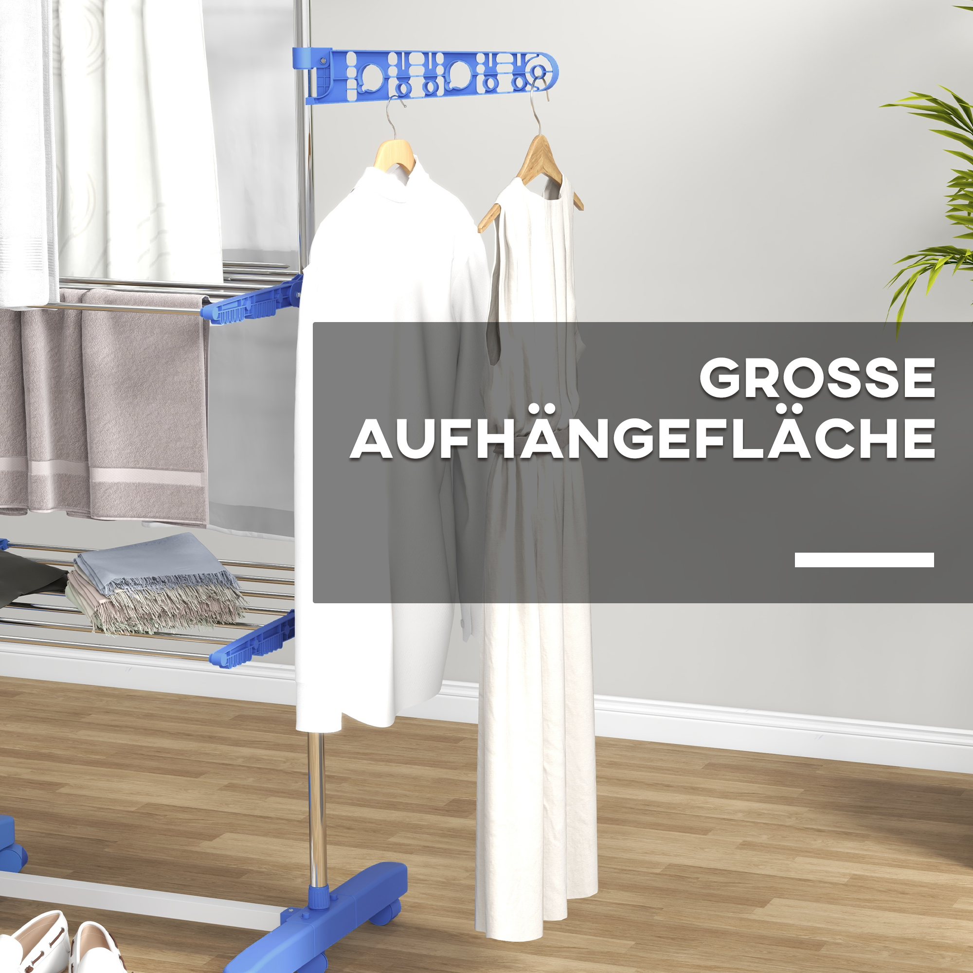 Wäschenständer Wäschetrockner. 4 Ebenen, klappbar, One-Klick-System, 142 cm x 55 cm x 152 cm Blau + Silber