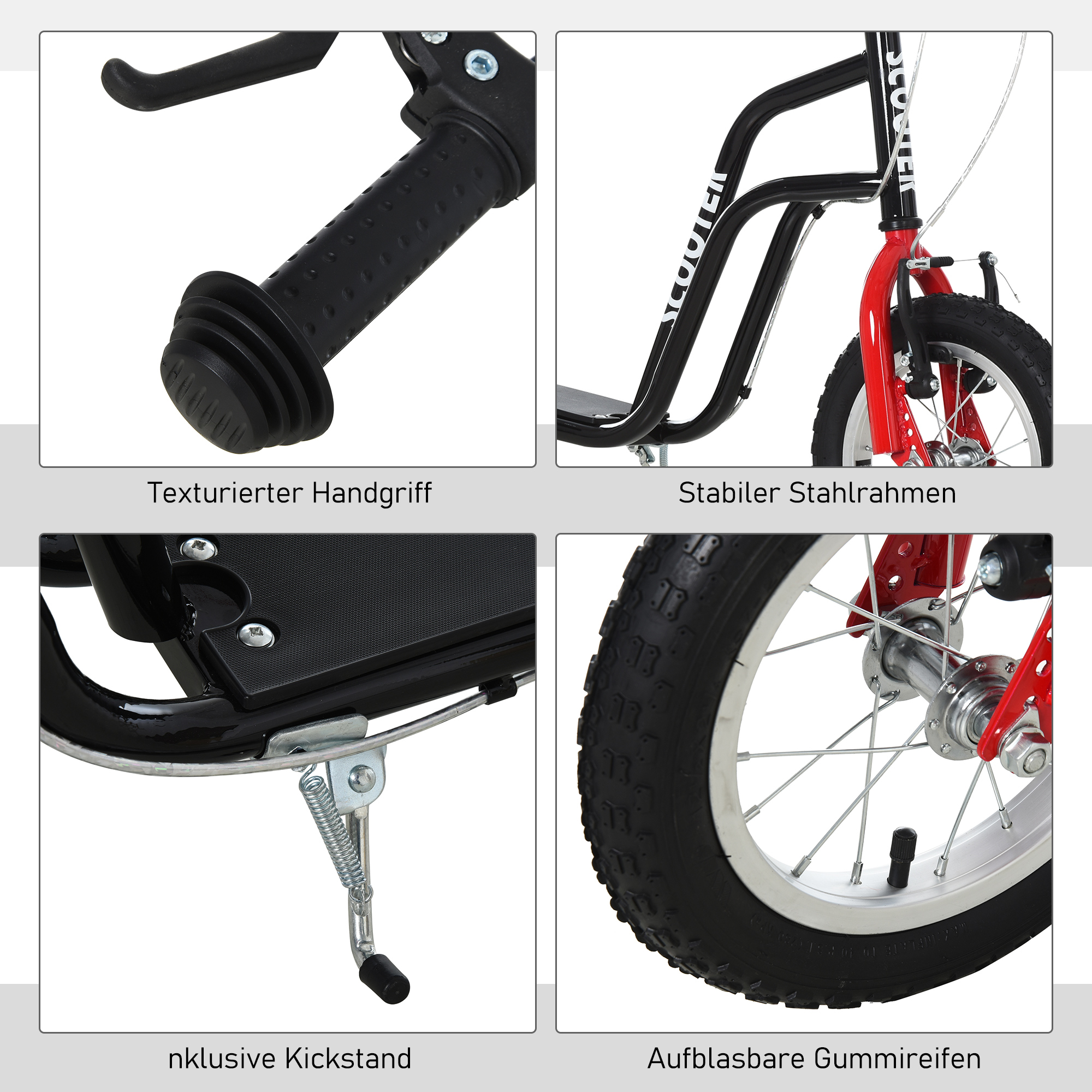 Kinderroller Lenker Verstellbar Scooter Tretroller Cityroller Kinder Roller Kickboard mit Luftreifen 12 Zoll ab 5 Jahre Schwarz 120 x 58 x 75-80 cm