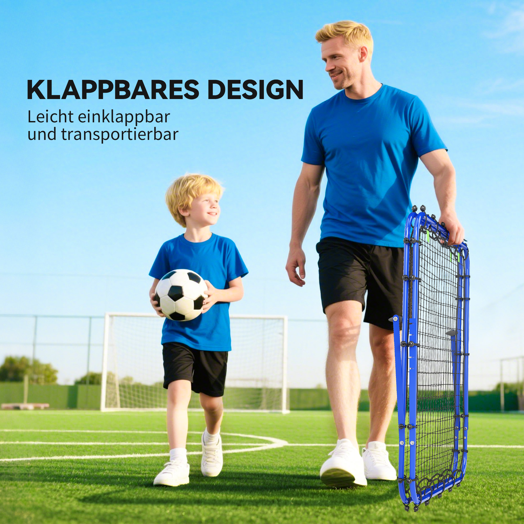 Rebounder für Fußball, verstellbar Prellwand mit 5 Winkelpositionen und Rückprallwand Netz, 100 x 68-95cm Kickback Tor Fußballtor für Jugendliche, Rückprallwand für Handball Training, Blau