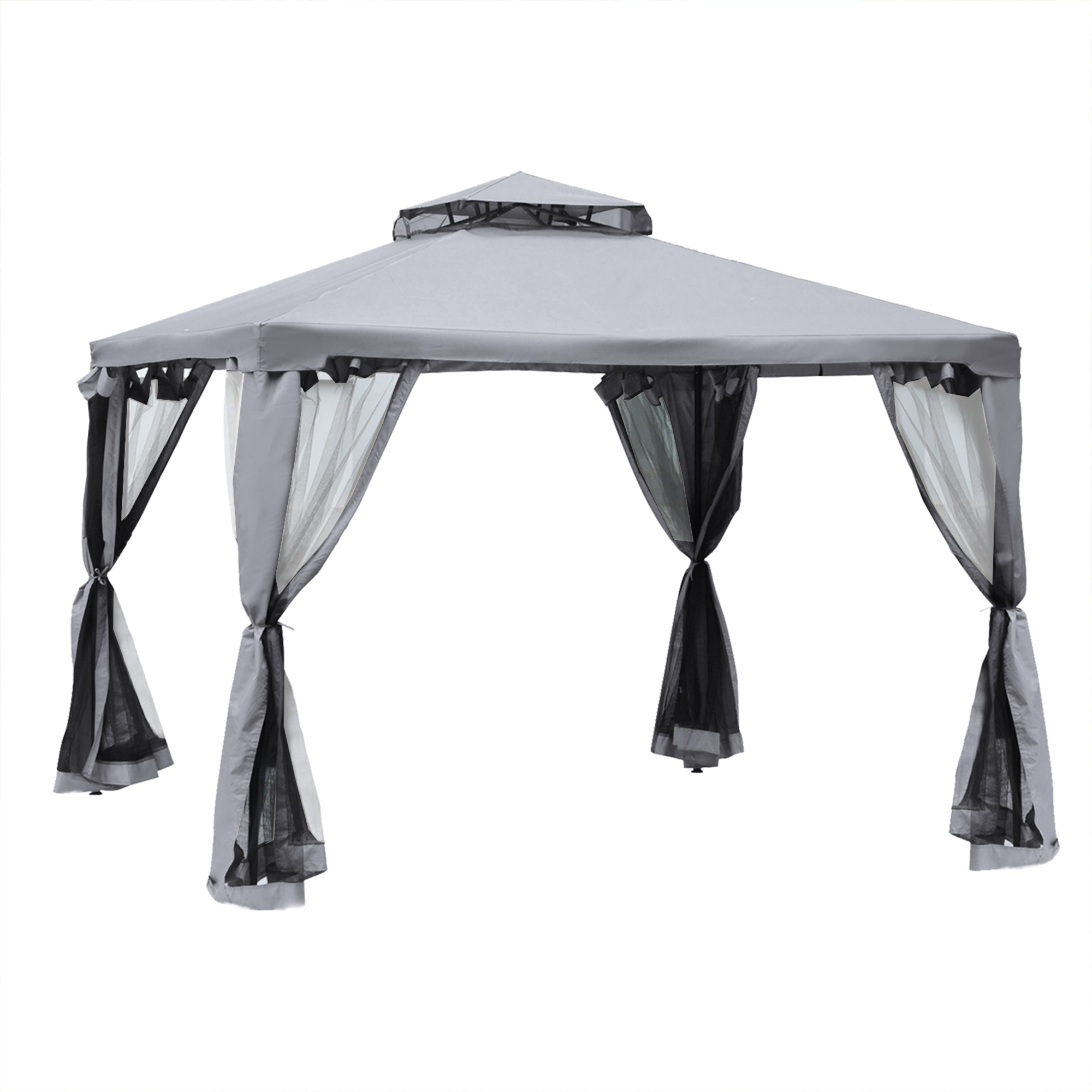 Pavillon mit Doppeldach, 3x2 m Wasserdicht Stabil Winterfest Gartenpavillon mit Moskitonetz, Seitenteile, Garten-Pavillon aus Metall, für Garten, Terrasse, Hellgrau