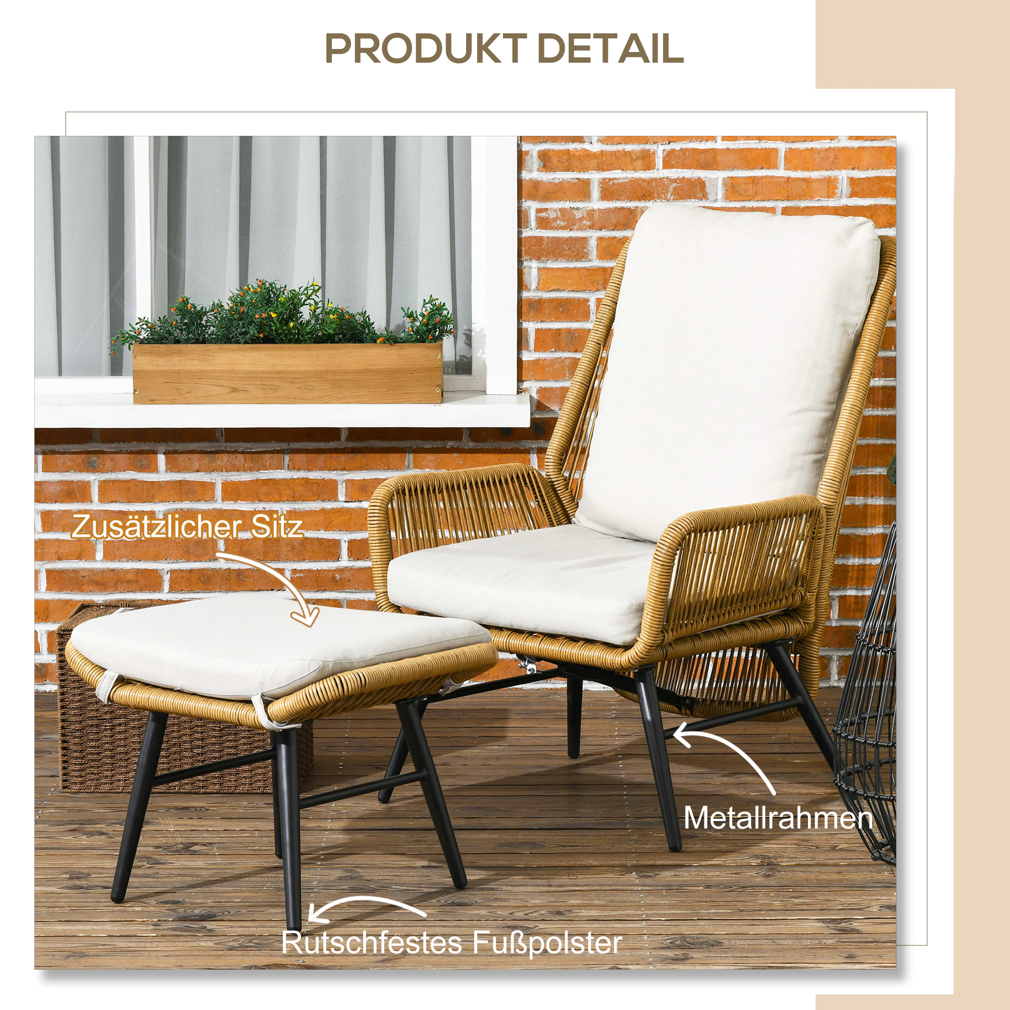 Polyrattan Gartenstuhl und Hocker, verstellbare Lehne, Hellbraun/Grau/Schwarz