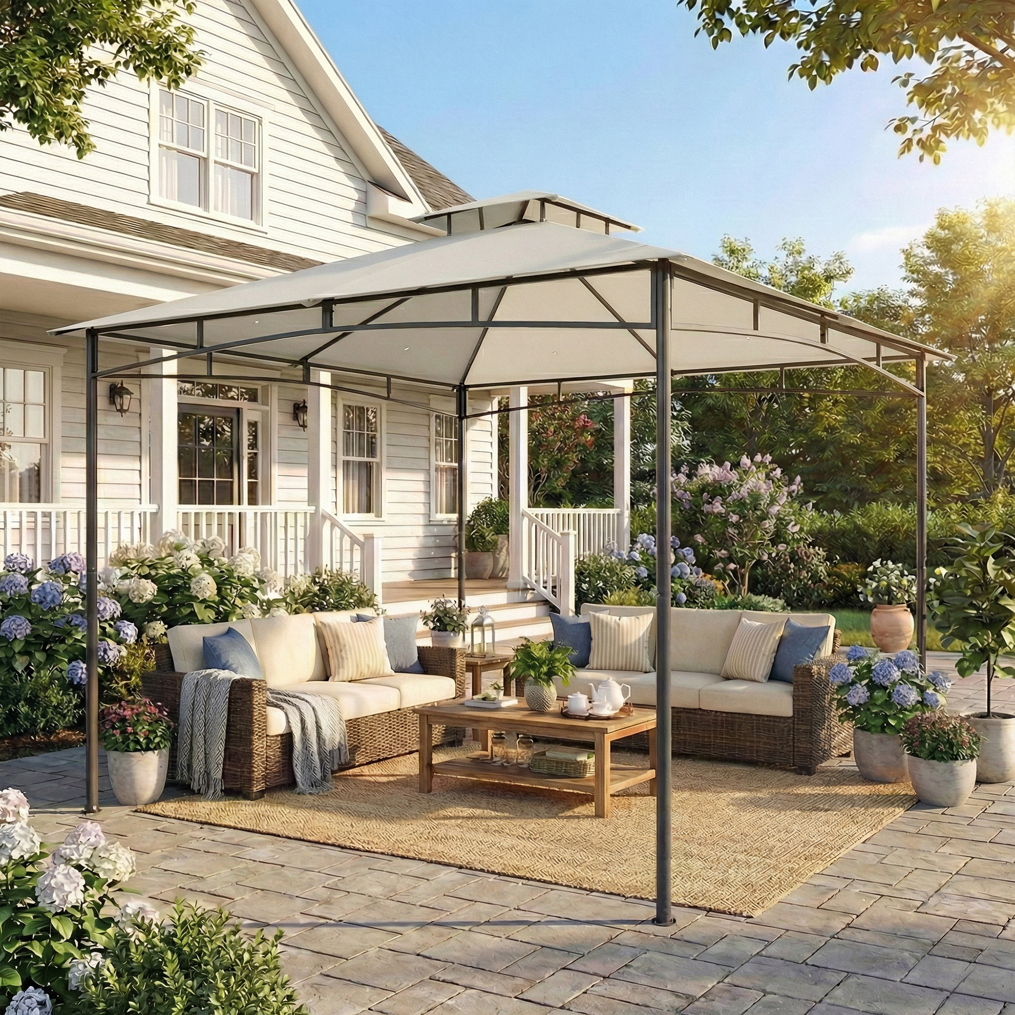Pavillon 3x3m Wasserabweisend Stabil Winterfest Gartenpavillon mit zurückziehbar Obenrahmen Doppeldach Cremeweiß