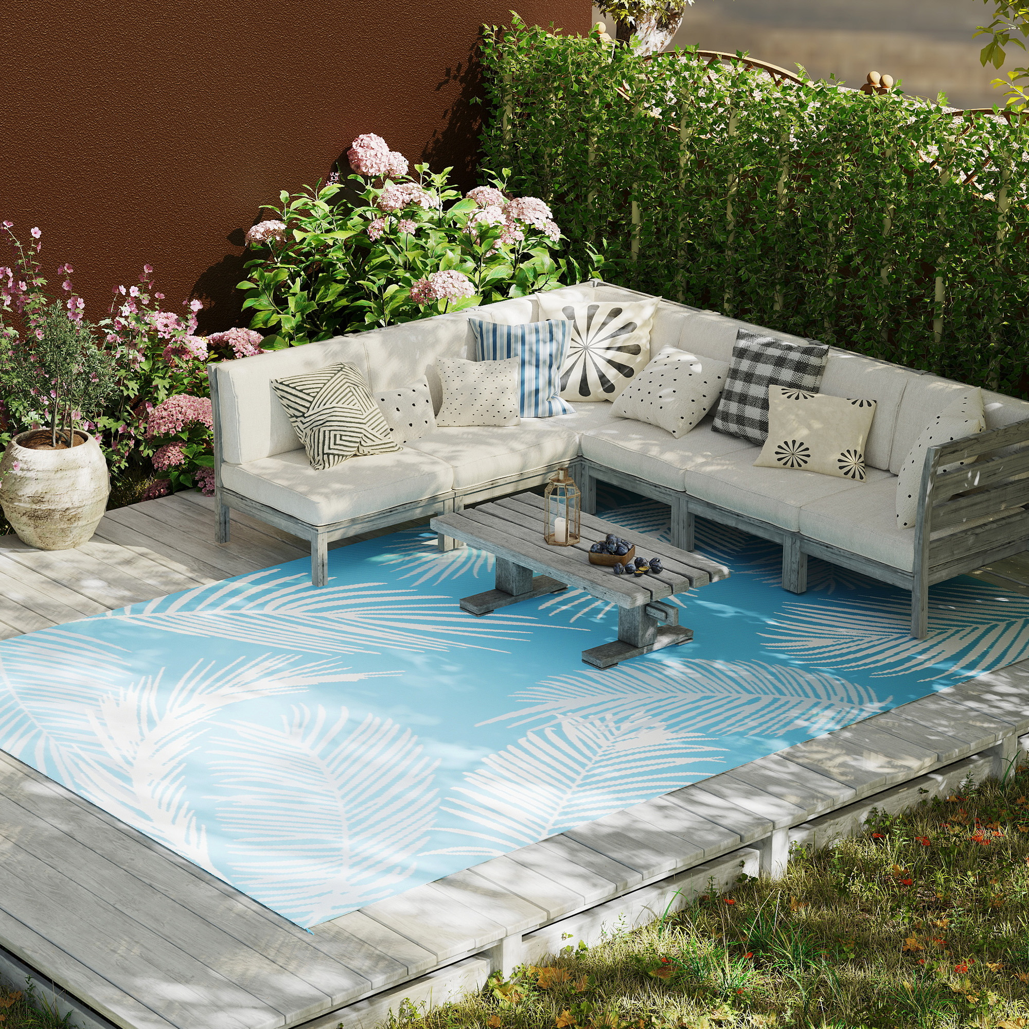 Outdoor Teppich wendbarer robuster Wetterfest Outdoorteppich mit Tragetasche Bodenankern 274 x 182 cm Hellblau+Weiß