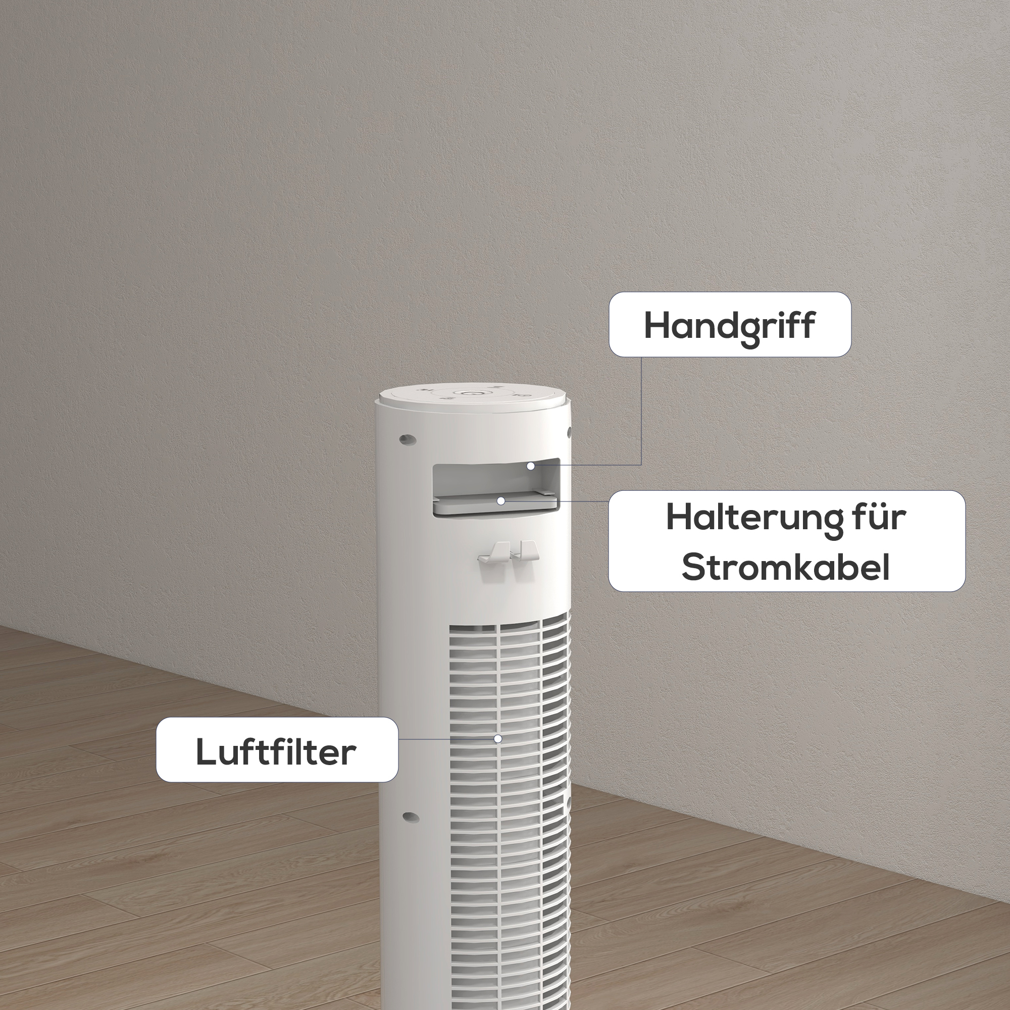 70° oszillierender Turmventilator mit Fernbedienung 4 Modi 3 Geschwindigkeiten Timer 31,5 x 31,5 x 96 cm Weiß