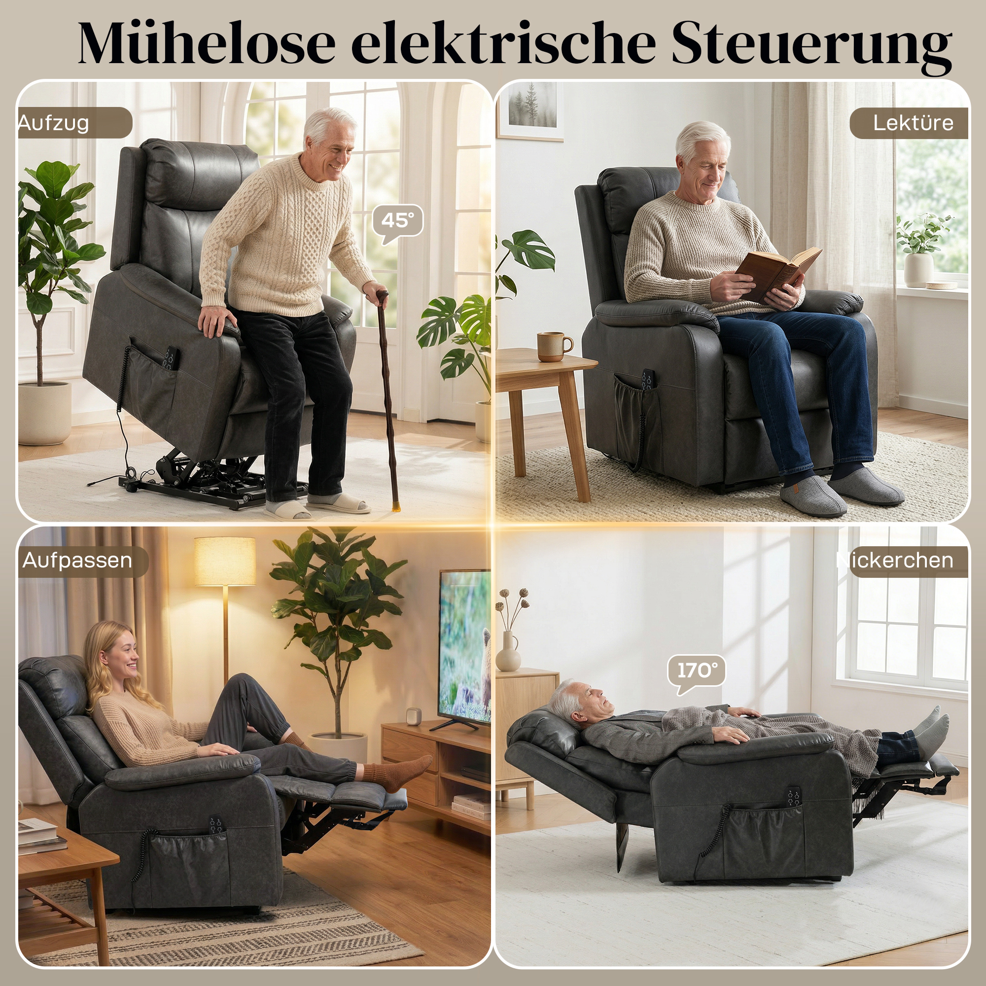 Riser- und Relaxsessel für Senioren, Elektrischer Lift-Sessel aus Kunstleder mit Doppelmotor, Federkissen, Schwarz