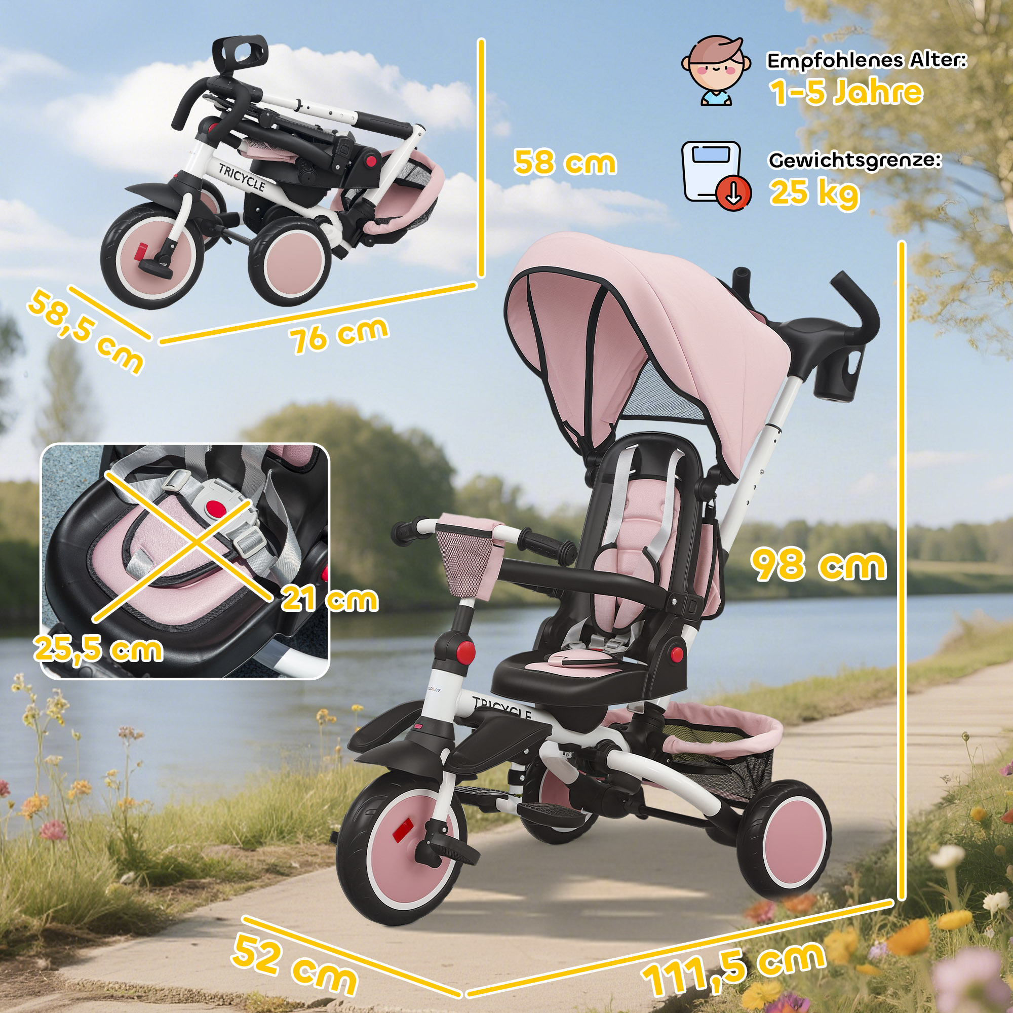 Kinderdreirad, 6-in-1 Buggy für Kleinkinder, mit Schiebegriff, verstellbarer Sitz, faltbares Design, Sicherheitsnetz
