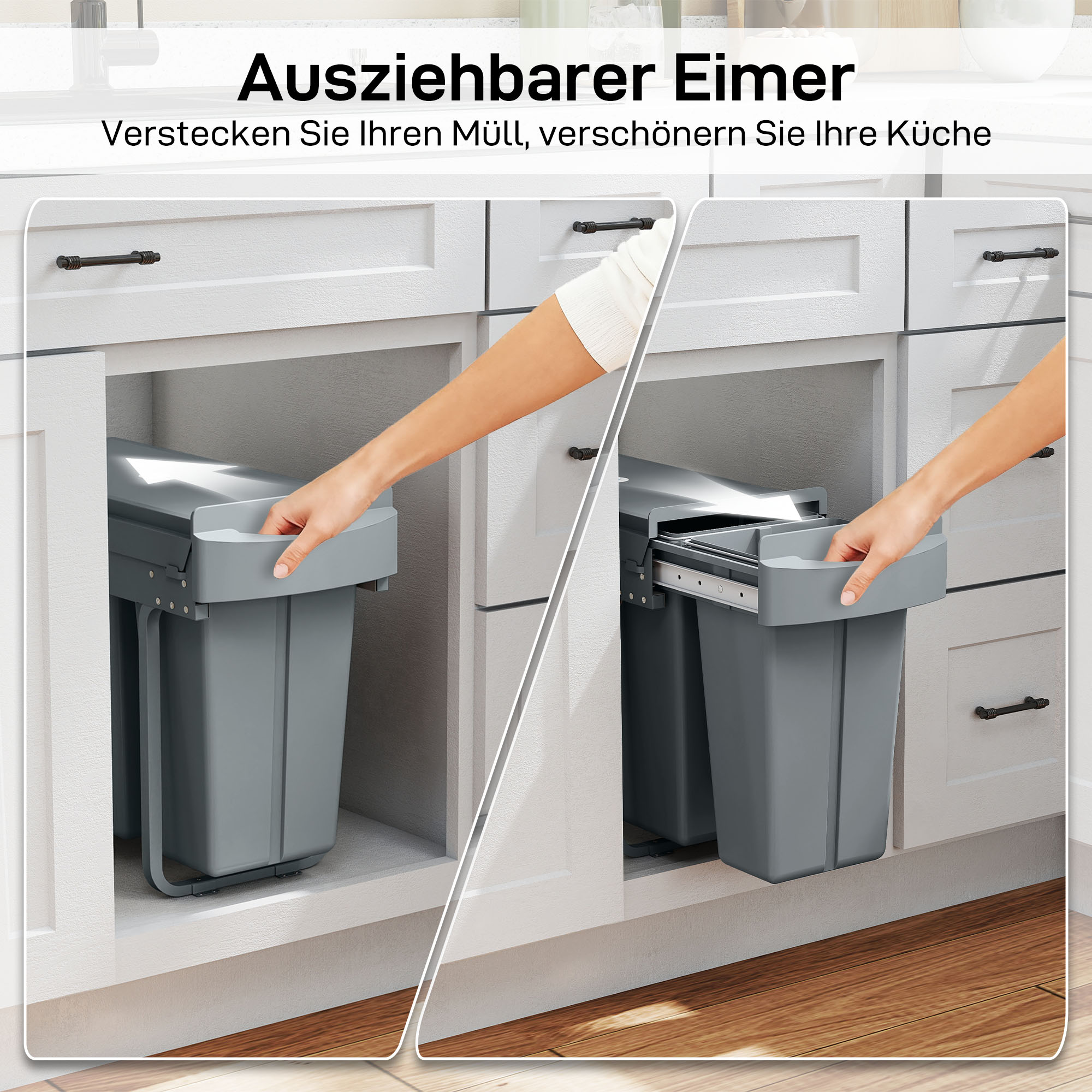 Ausziehbarer Mülleimer, Küchenmüllbehälter mit 2 herausnehmbaren Eimern, Griff, 30 Liter (20 L+10 L), Metall, Grau