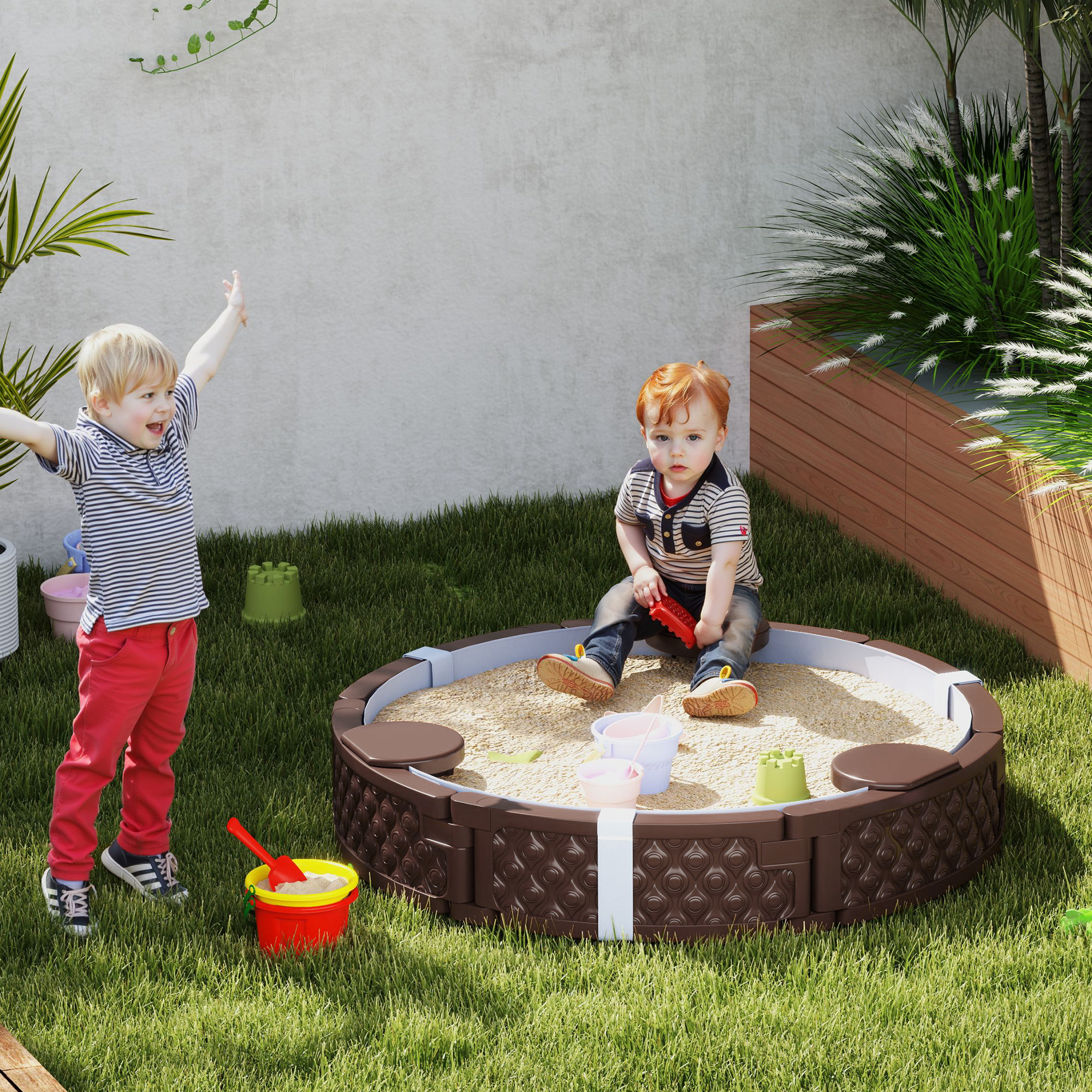 Sandkasten, Runde Sandkiste für bis zu 3 Kinder, mit 3 Sitzen, wasserfeste Unterlage, Schutzplane, 300 kg Sand