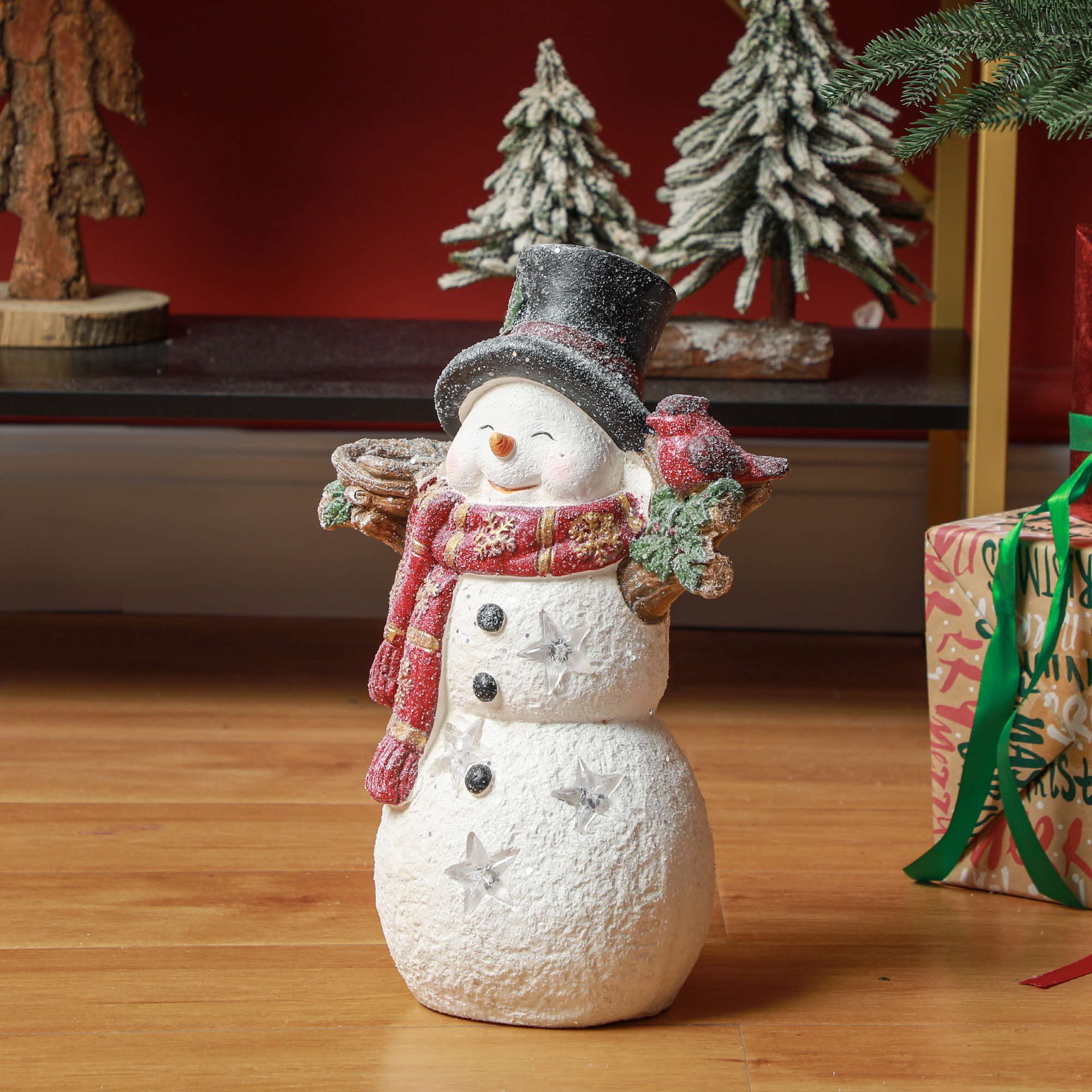 Weihnachtsdeko, Schneemann mit Vogel, 4 warmweiße LEDs, batteriebetrieben, 25 x 15,5 x 38 cm