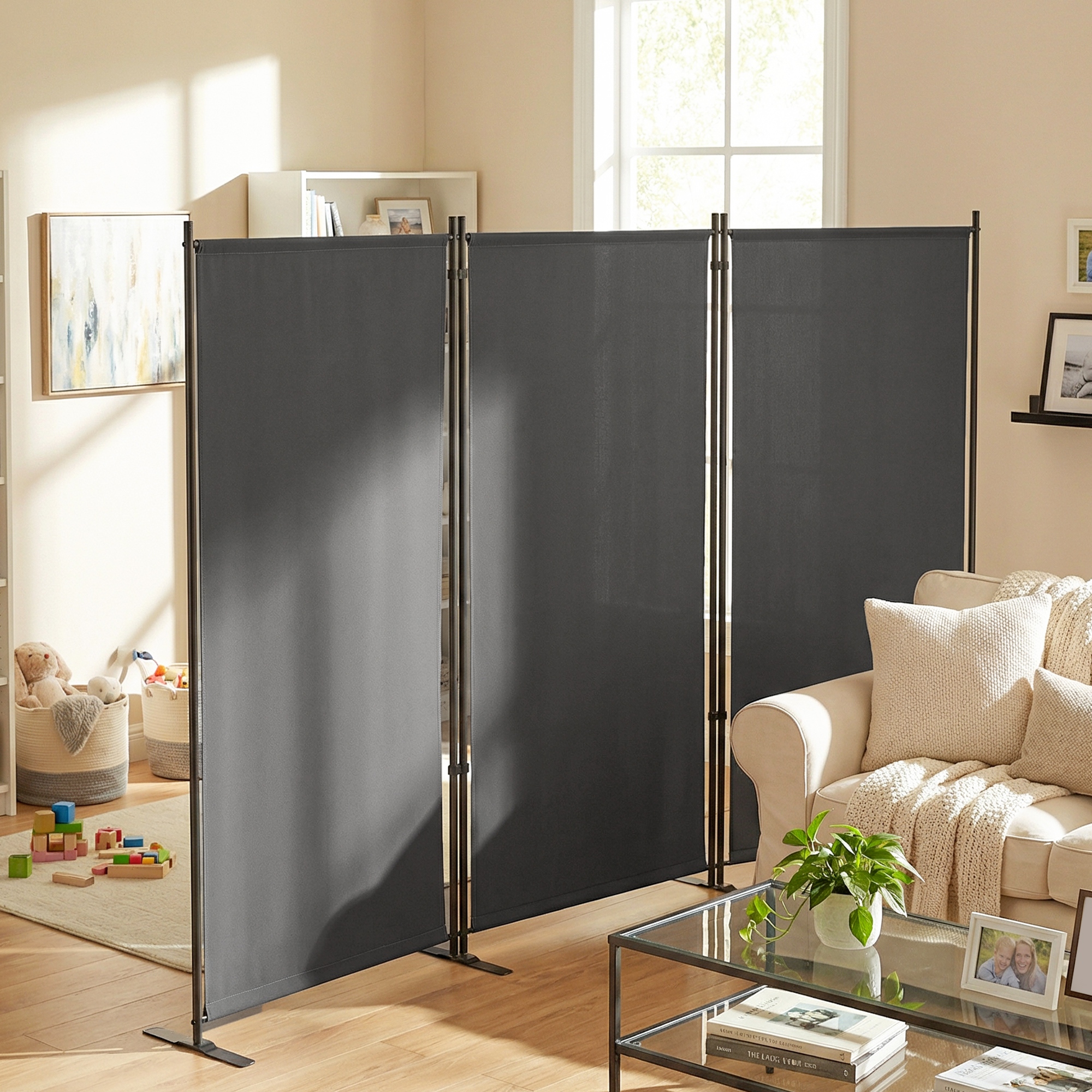 Raumteiler 3-teilig 260 x 30 cm Freistehend Paravent Trennwand Sichtschutz aus Metall, Outdoor Raumtrenner Dunkelgrau