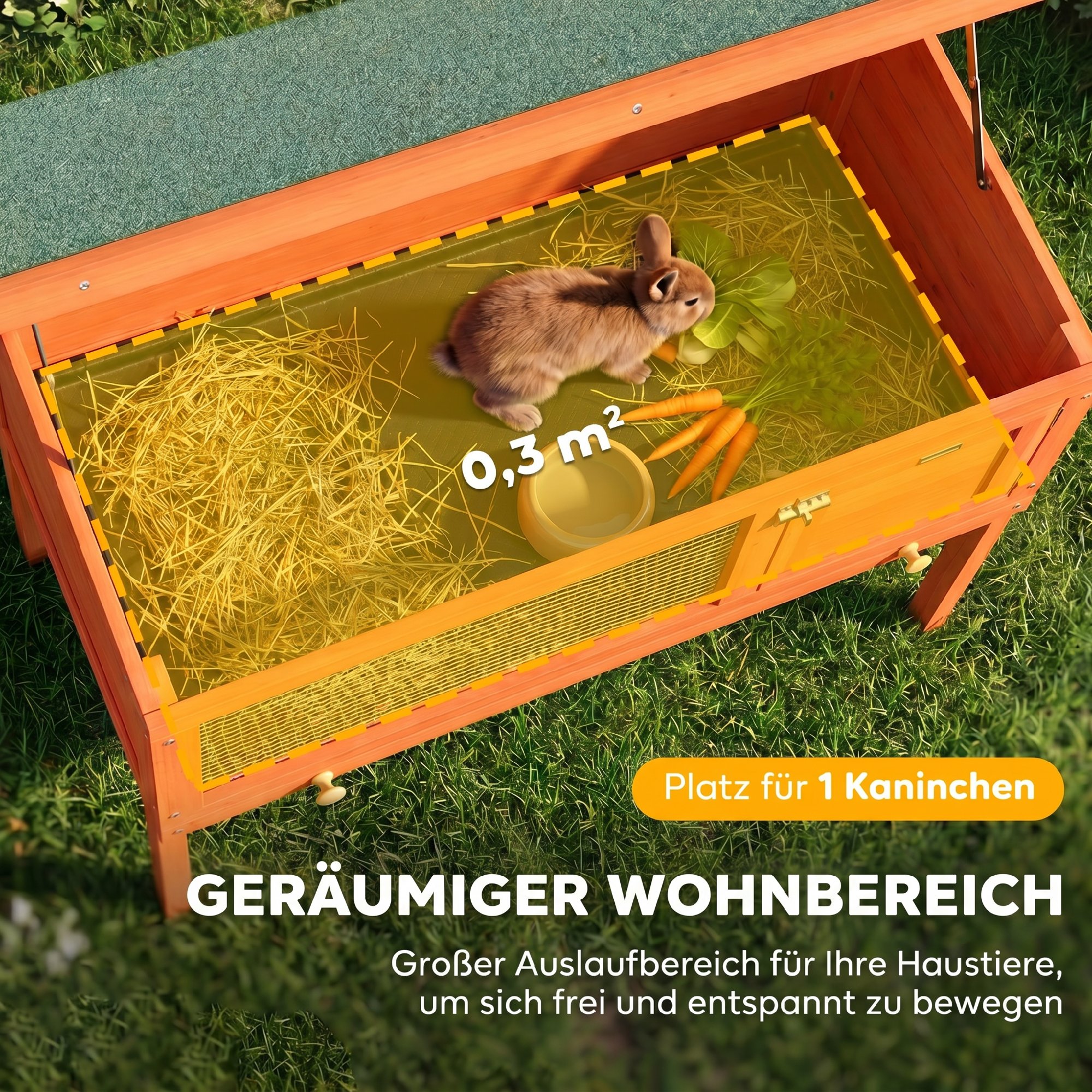 Hasenstall erhöhter Kaninchenstall aus Holz mit aufklappbar Bitumendach herausziehbarer Schublade 90x45x65 cm Orange
